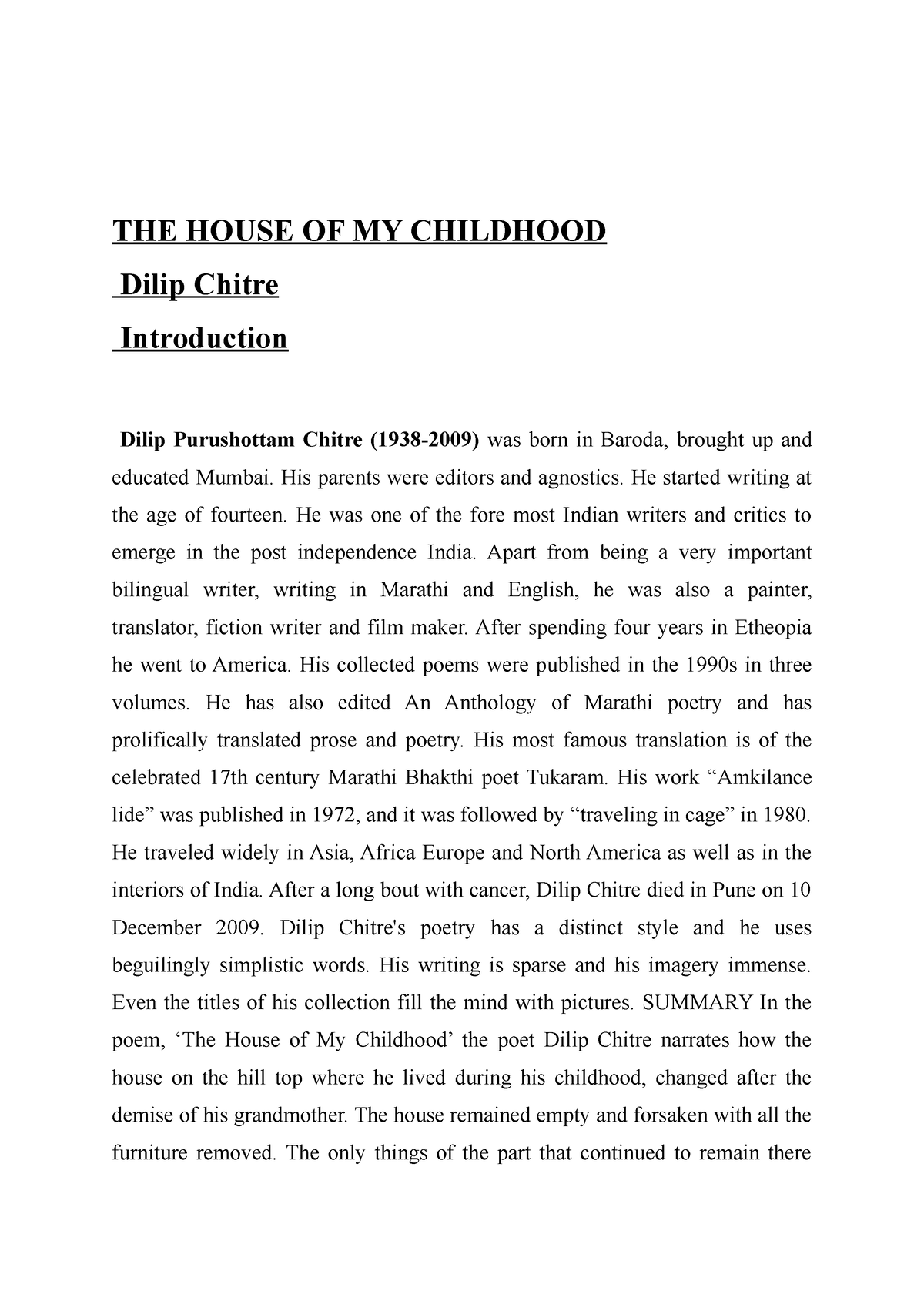 the house of my childhood essay