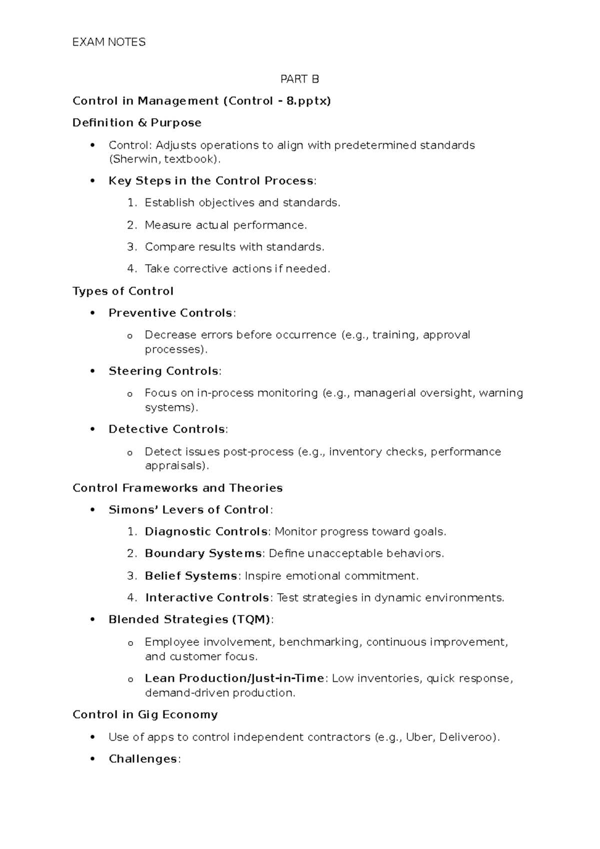 Exam notes - PART B Control in Management (Control - 8) Definition ...