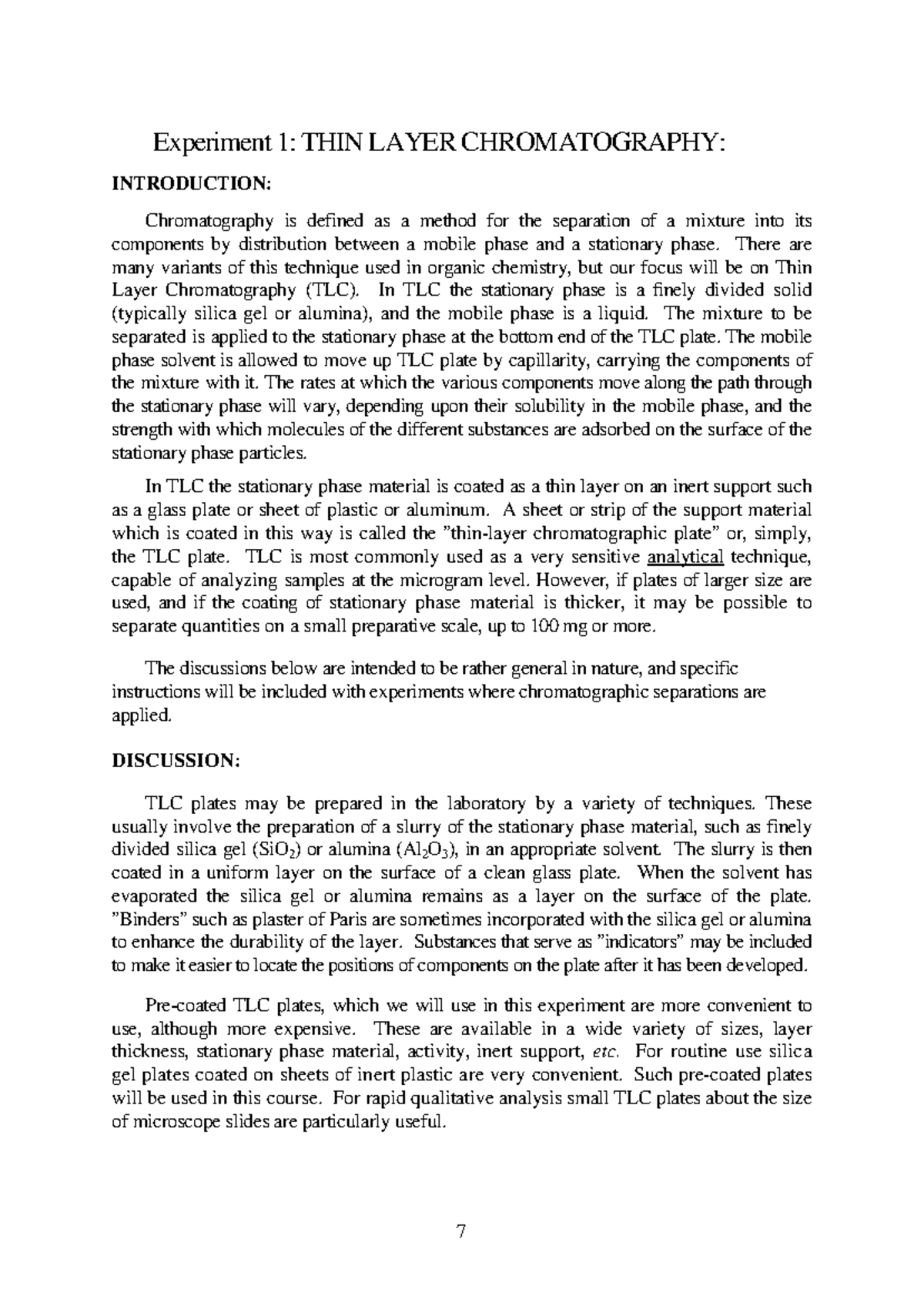 Lab 1 Handout Spinach TLC Experiment 1 THIN LAYER CHROMATOGRAPHY
