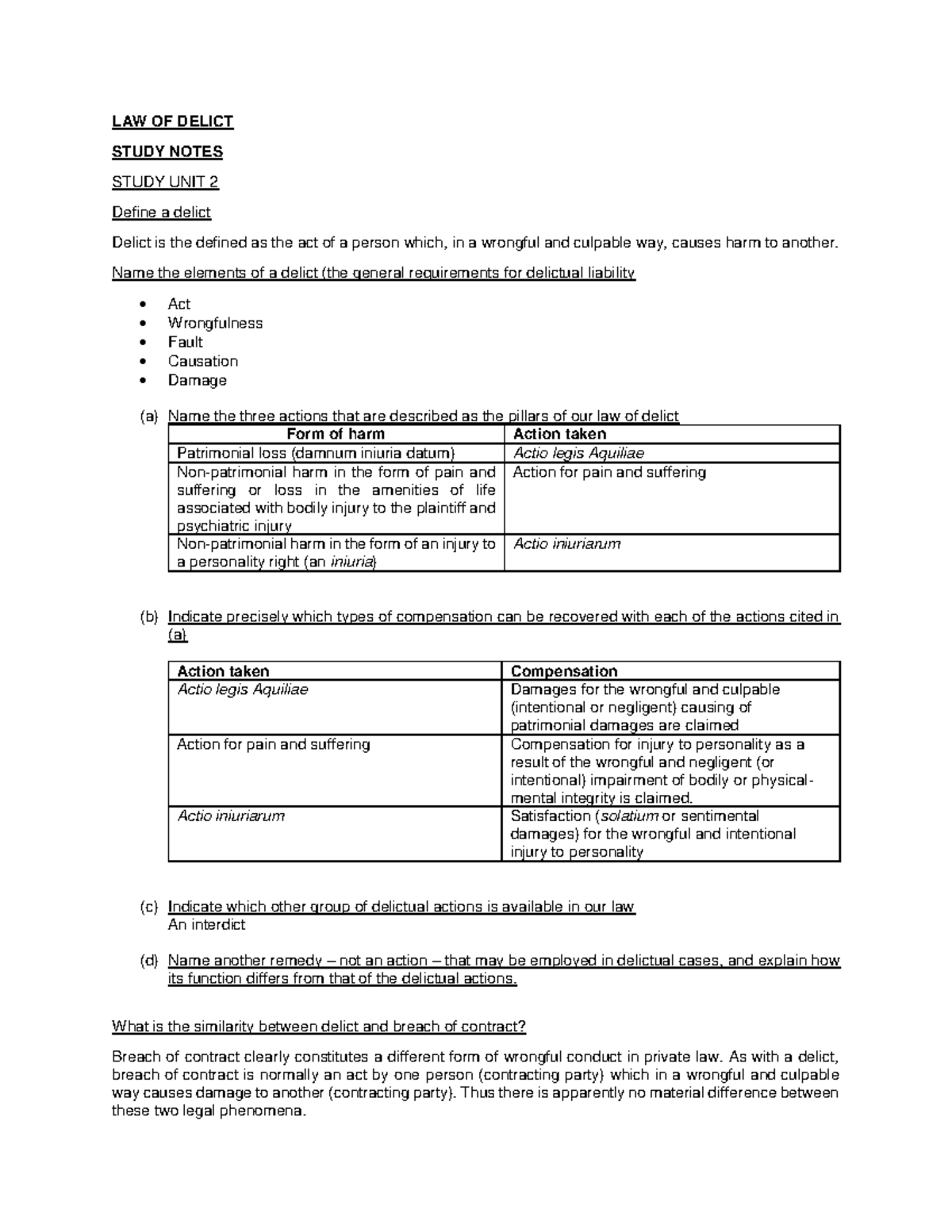 Study notes - LAW OF DELICT STUDY NOTES STUDY UNIT 2 Define a delict ...
