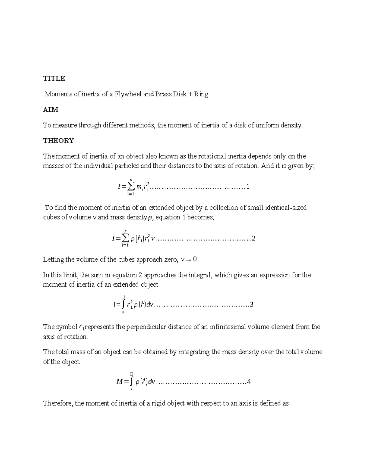 Experiment 2 This is a lab report on the moment of inertia of a