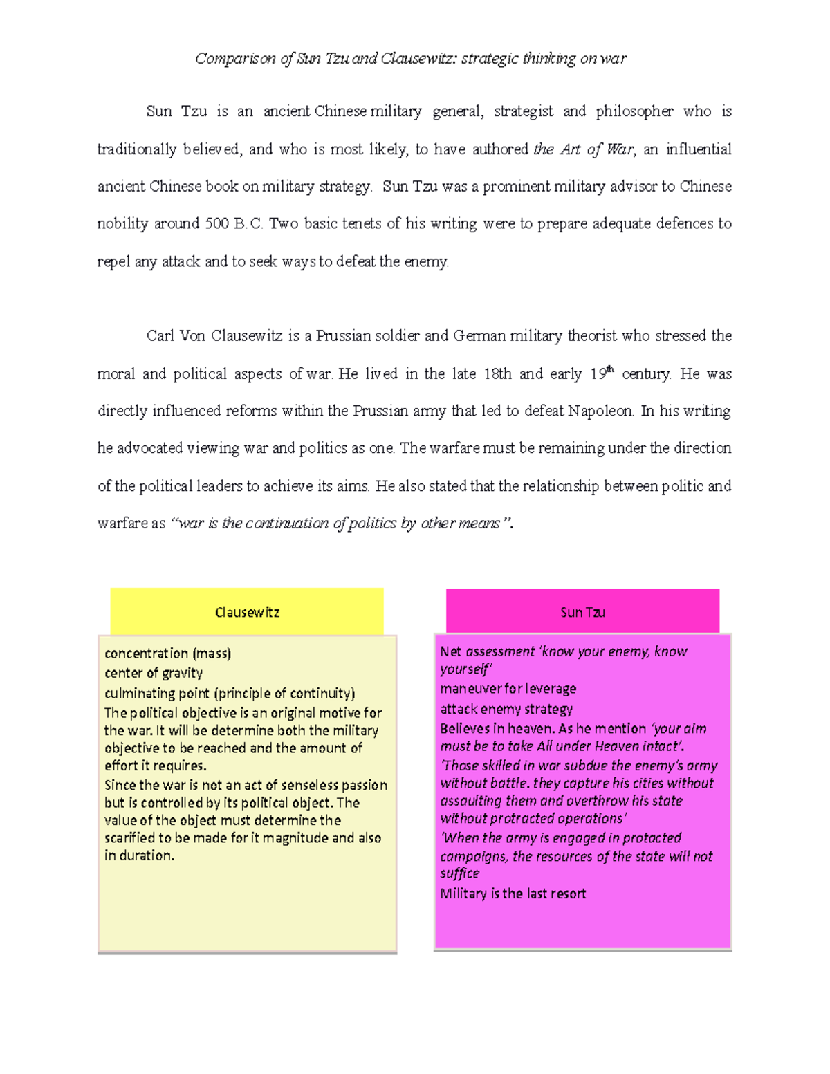 Comparison of Sun Tzu and Clausewitz str - Sun Tzu is an ancient ...