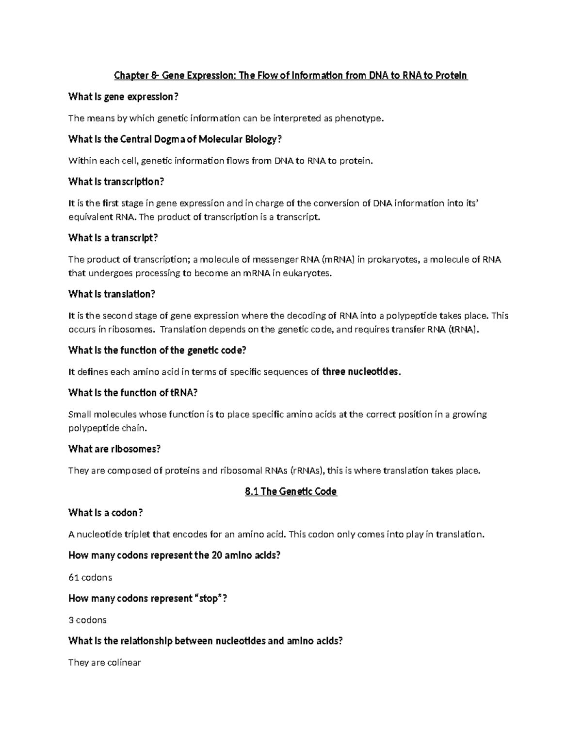 Chapter 8 Study Guide Last Updated Draft - Chapter 8- Gene Expression ...