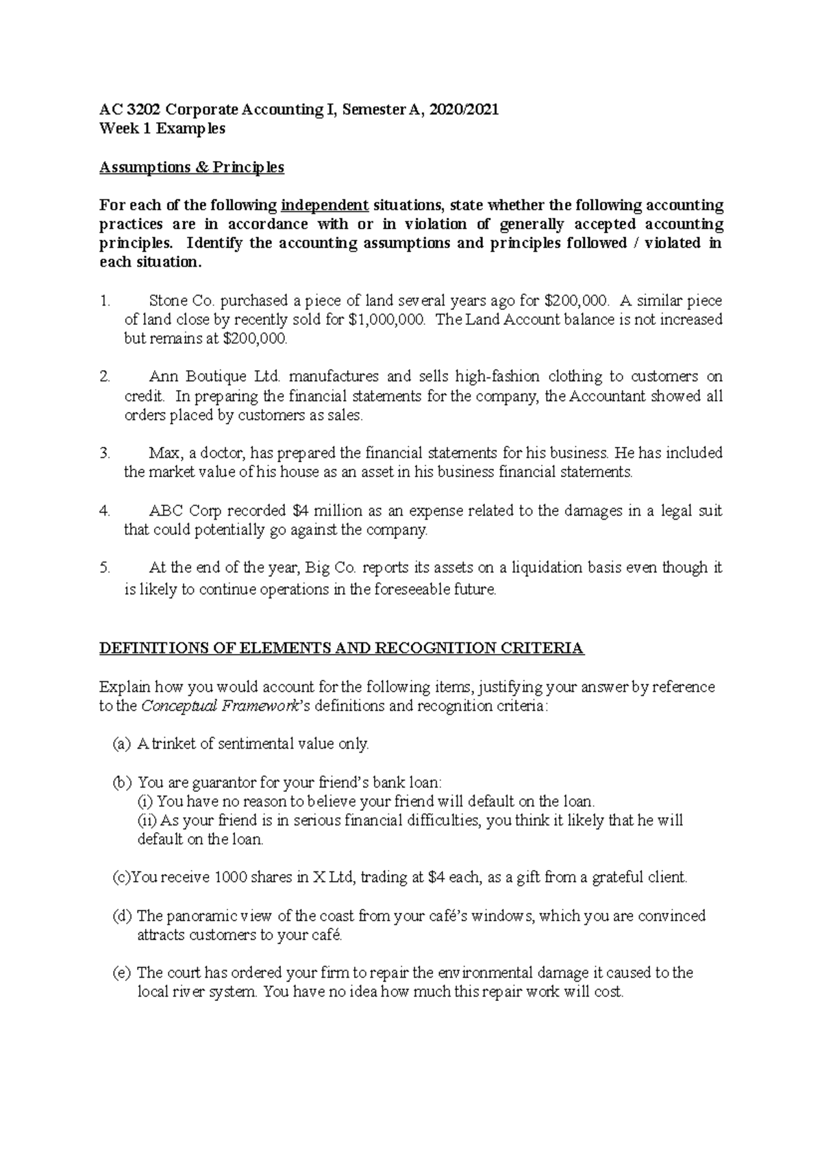 Week 1 framework examples NO ANSWER AC 3202 Corporate Accounting I