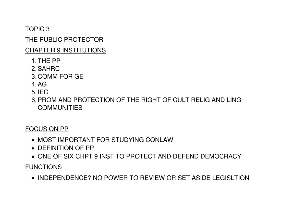 Public Protector - Made Notes - TOPIC 3 THE PUBLIC PROTECTOR CHAPTER 9 ...