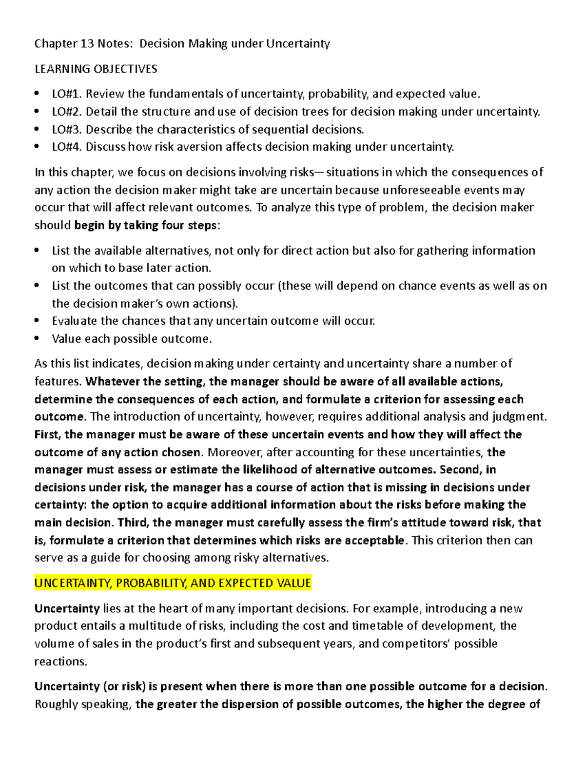 Chapter 13 Notes - COMM 5032 - Chapter 13 Notes: Decision Making under ...