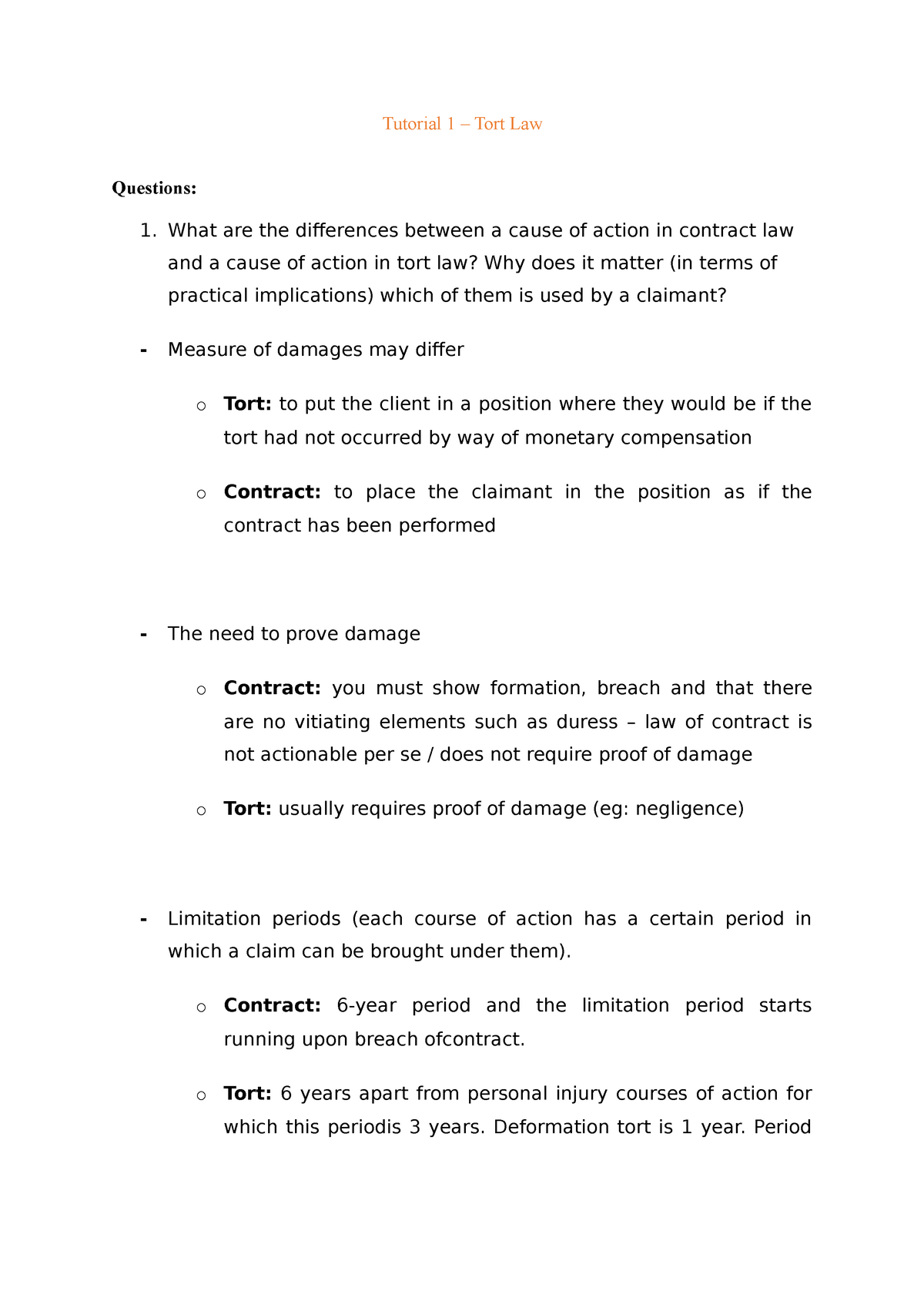 Tutorial 1 - Tort Law - Lecture Notes 1 - Tutorial 1 – Tort Law ...