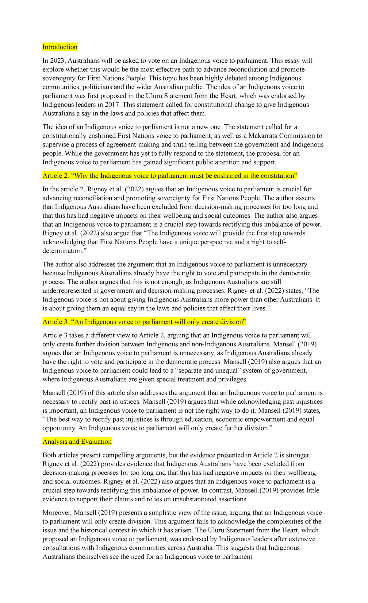 The Indigenous Voice Referendum - Draft 2 - LANG0009 - UWS - Studocu