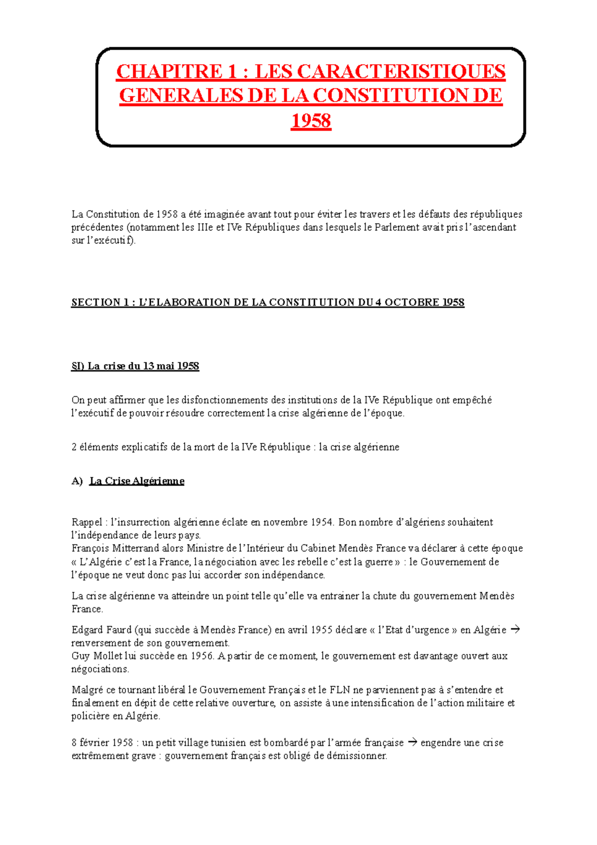 Droit Constitutionnel L1 Droit S2 - La Constitution De 1958 A été ...