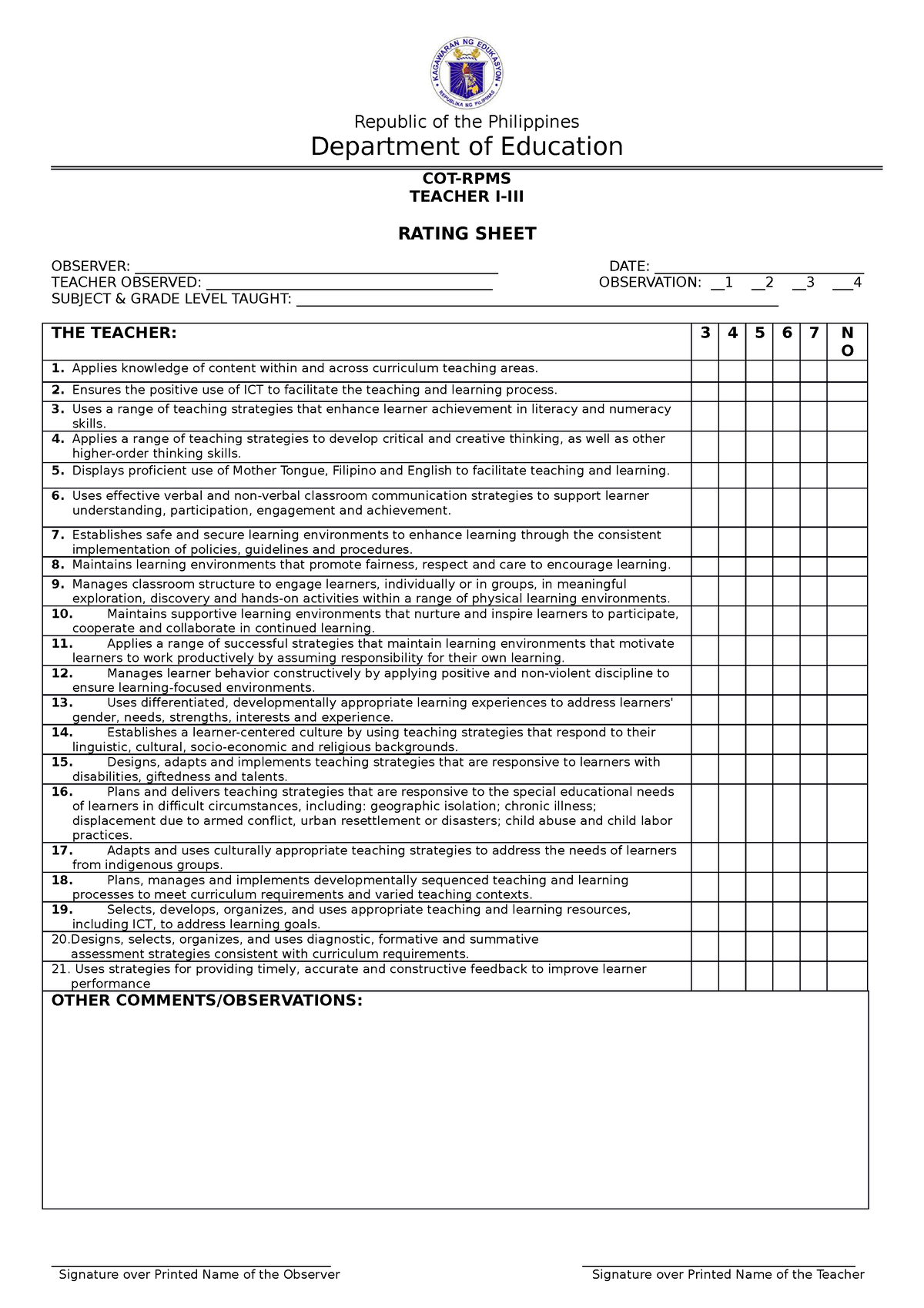 Classroom-Observation-Tool - Republic of the Philippines Department of ...