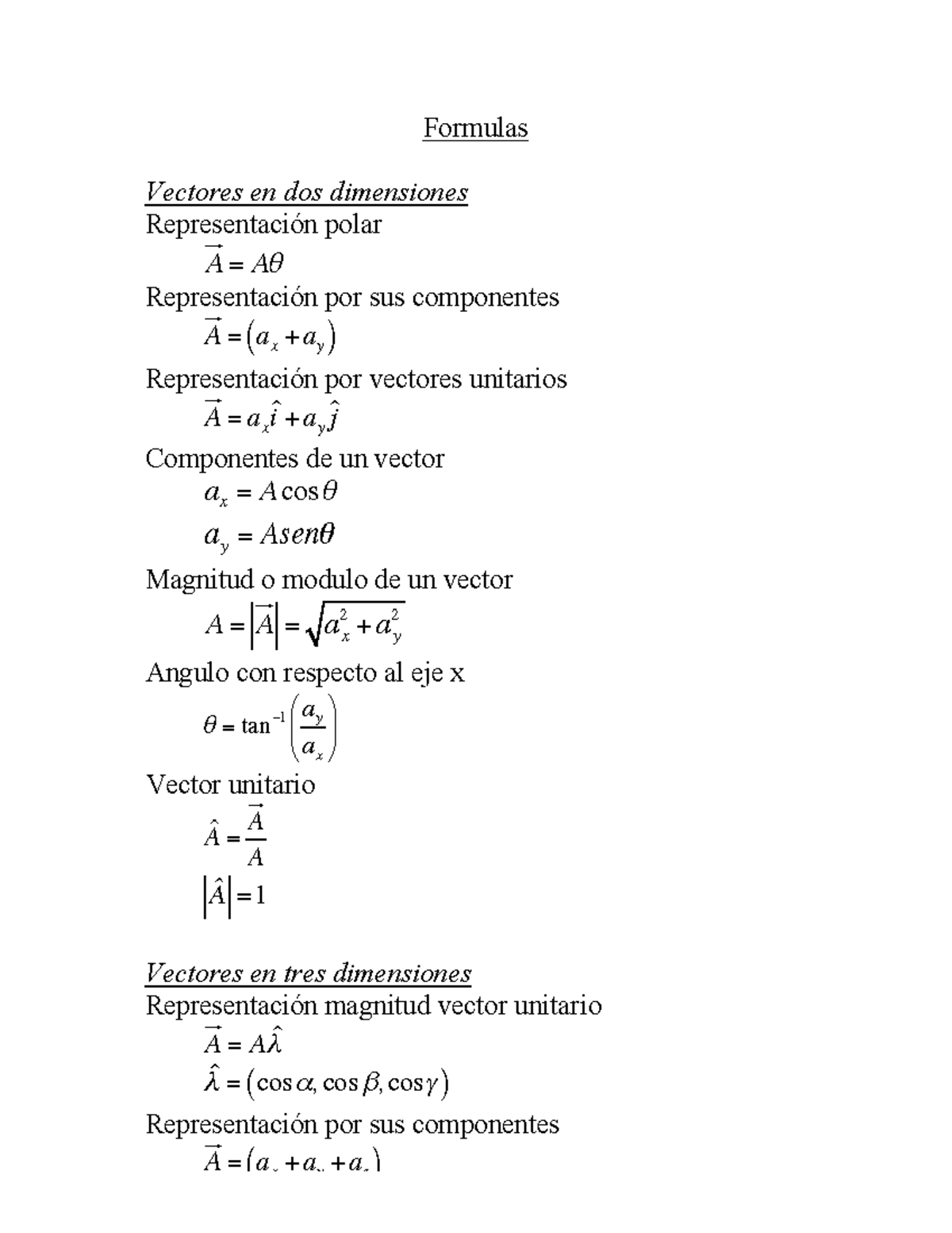 Formulas - Resumen Física Básica - Formulas Vectores En Dos Dimensiones ...