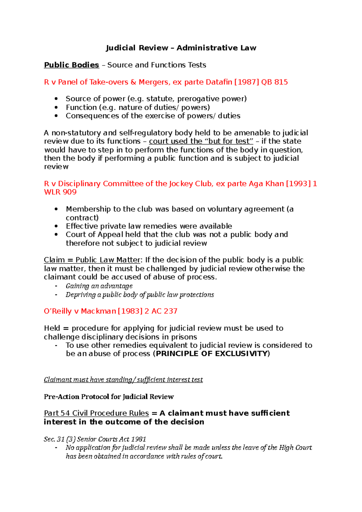 Judicial Review - statute, prerogative power) Function (e. nature of ...