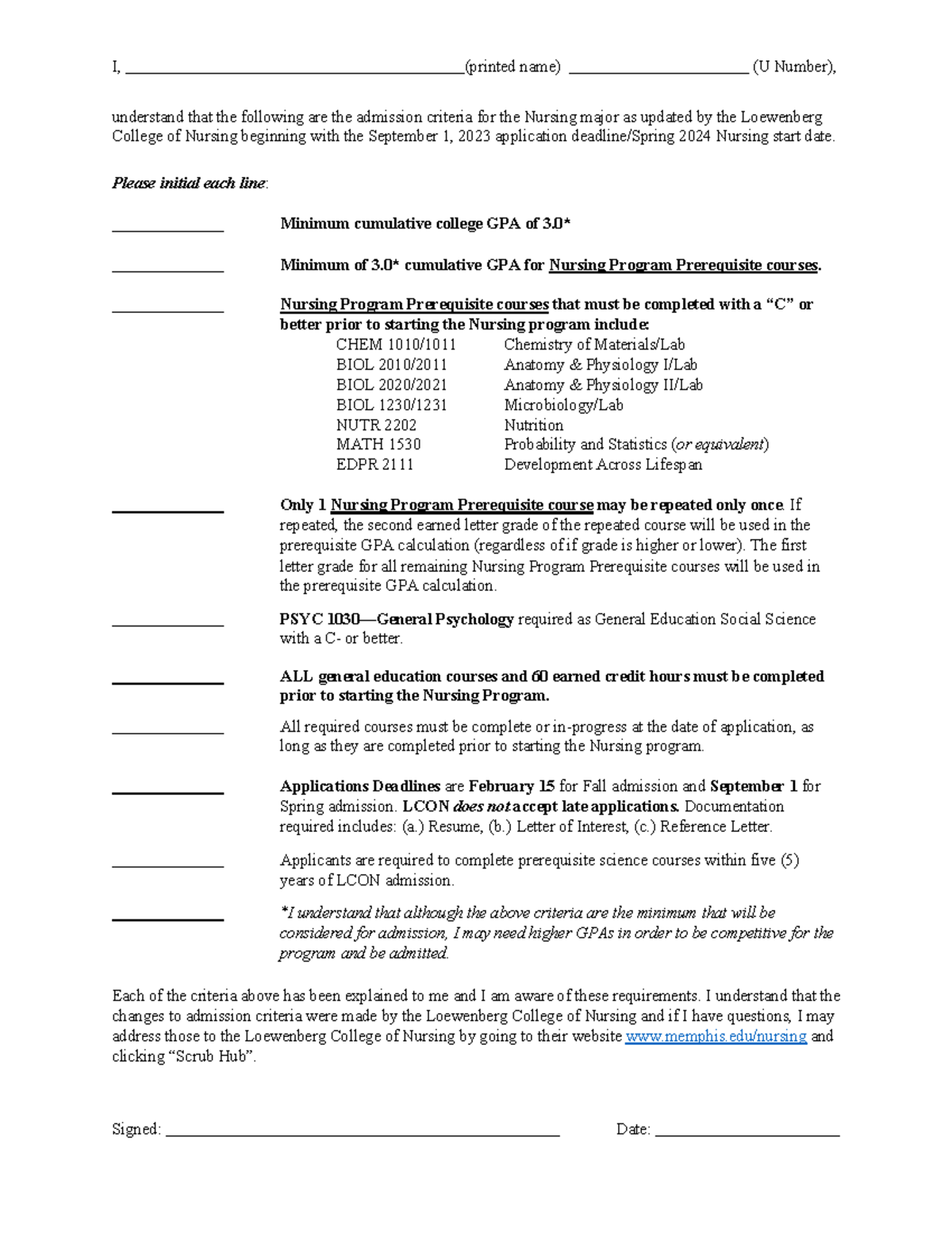 Nursing Admission criteria sign-off form - ENGL 1020 - UofM - Studocu