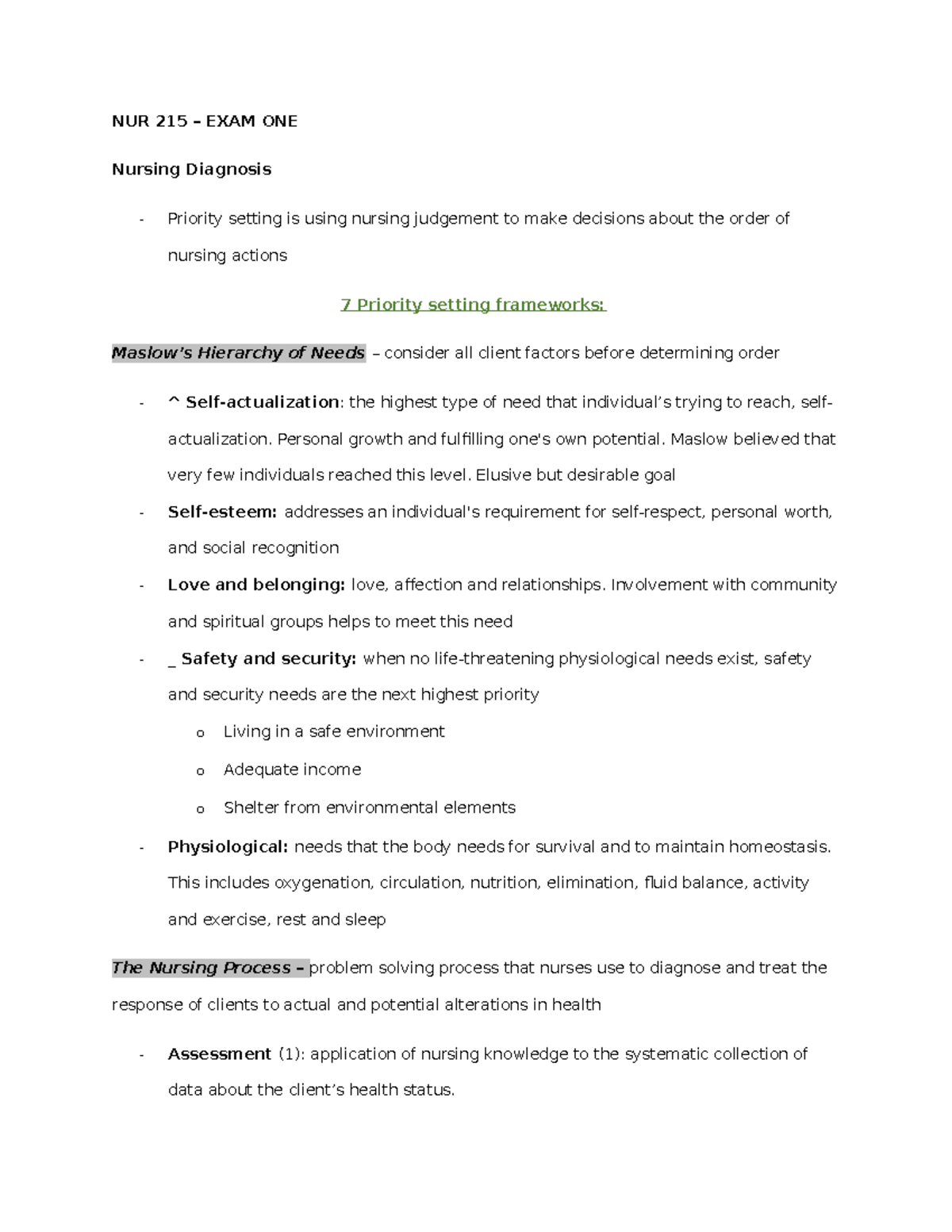 Exam 1 - Study Guide - Lecture - NUR 215 – EXAM ONE Nursing Diagnosis ...