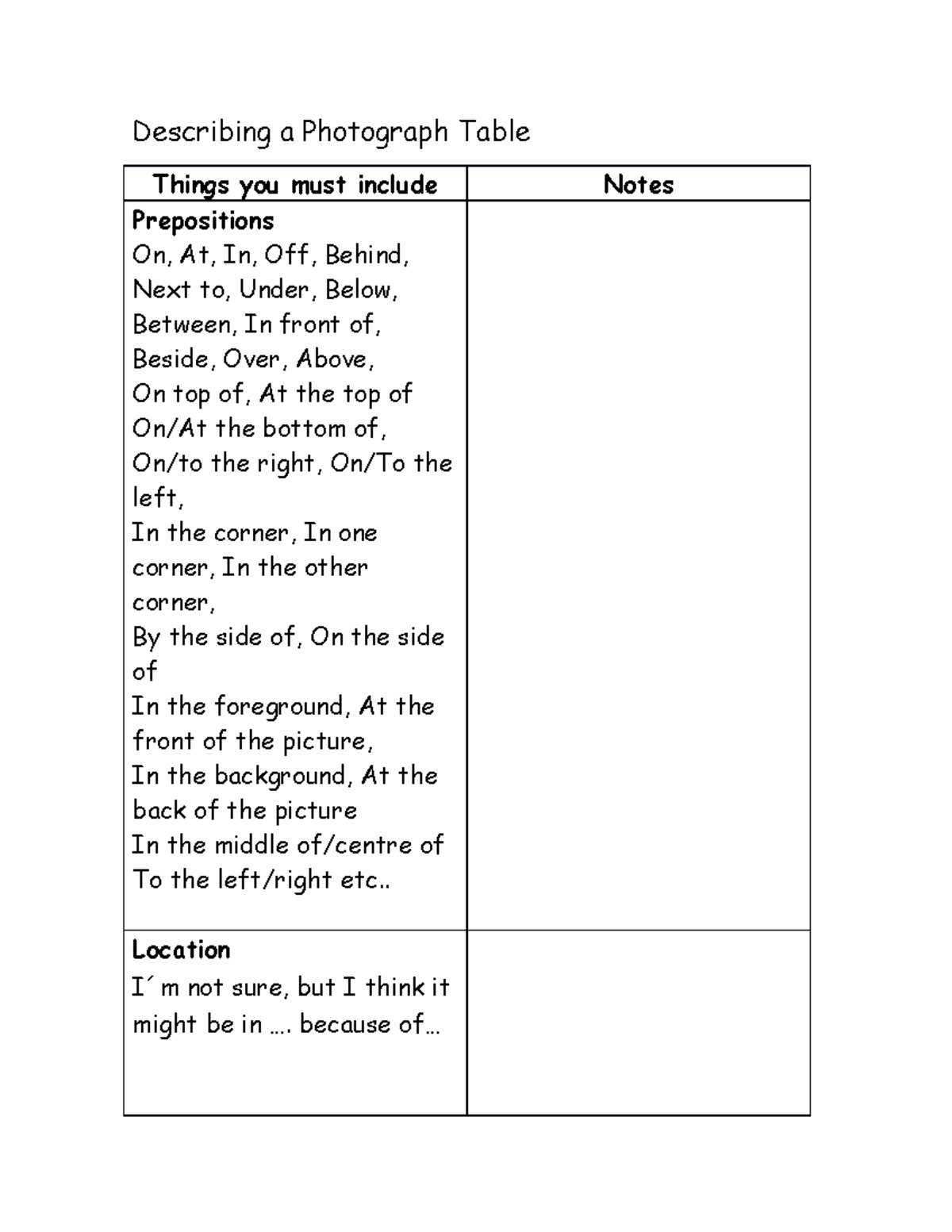 Describing a Photograph Table (Notes)asd - Describing a Photograph ...