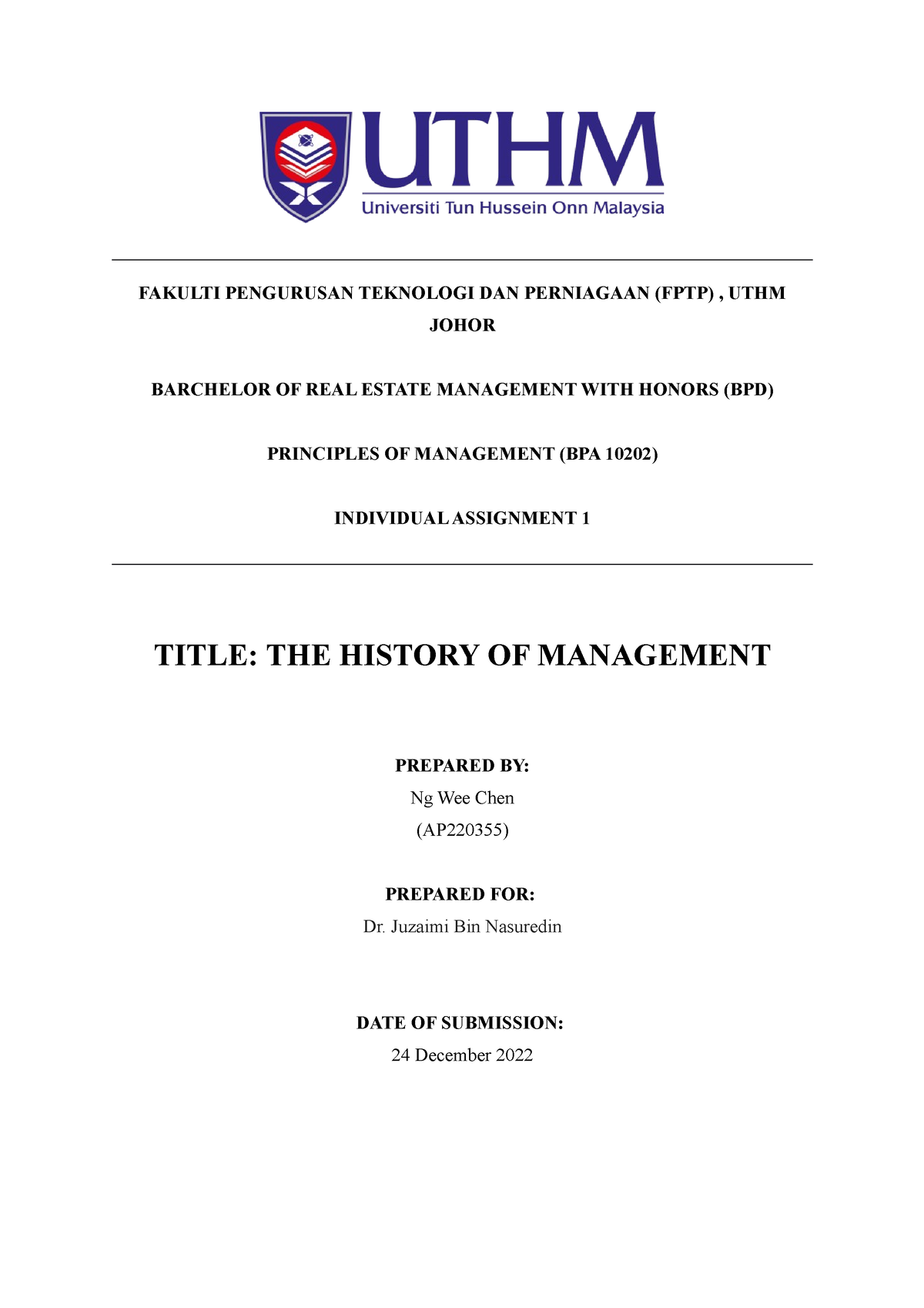 Individual Assignment 1 - The History Of Management - FAKULTI ...