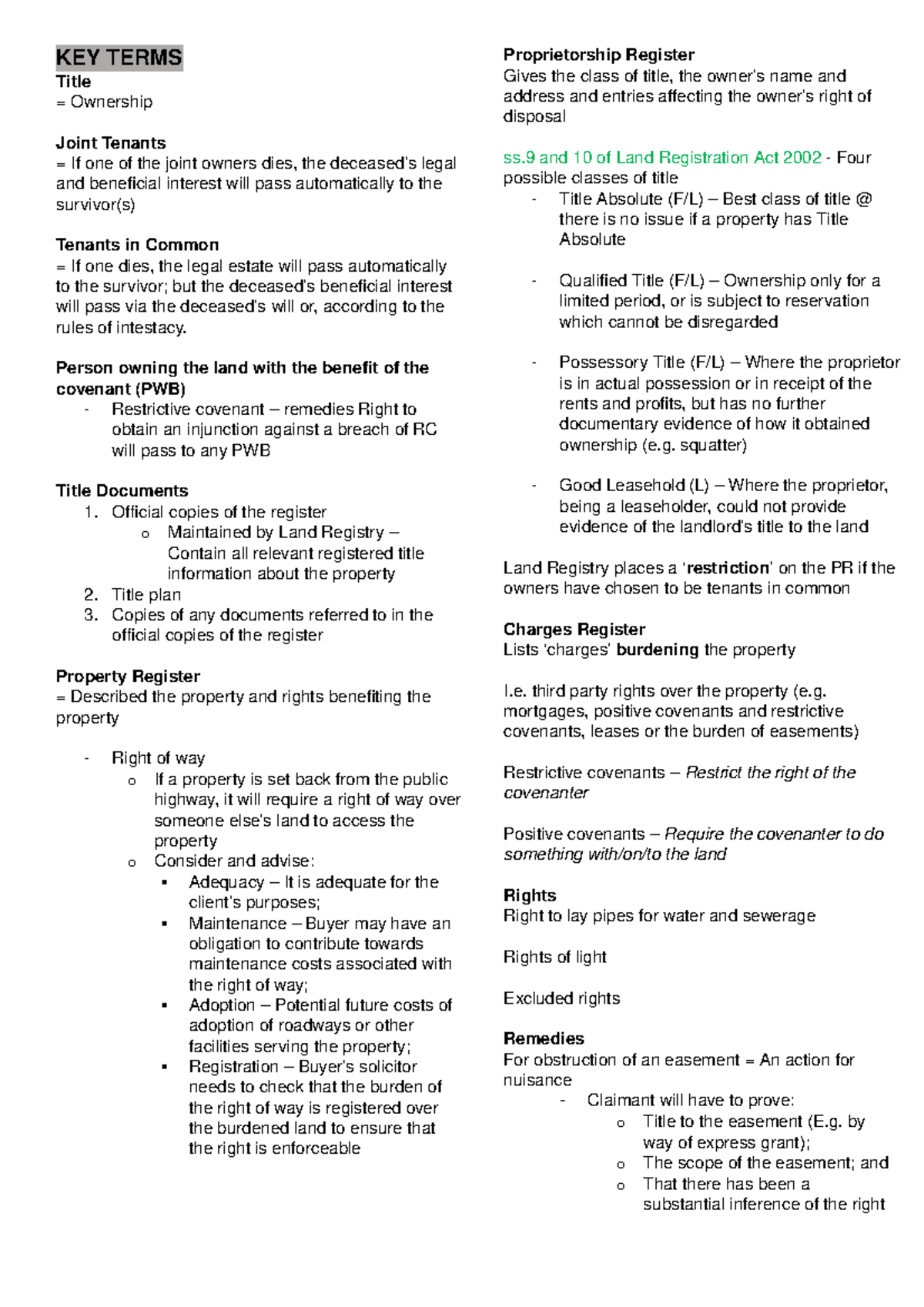 Revision Notes - Property Law Practice - KEY TERMS Title = Ownership ...