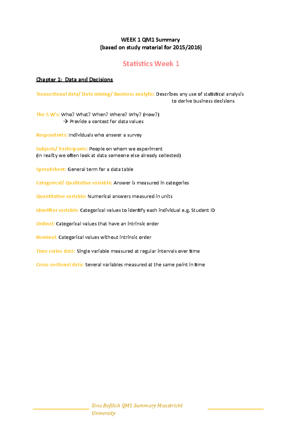 Week 1 Qm1 Summary Week 1 Qm1 Summary Based On Study Material For