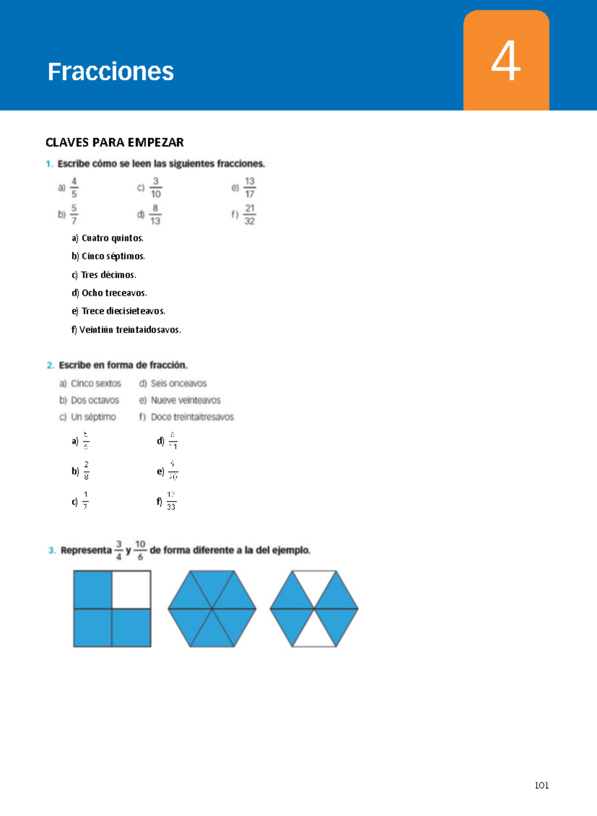 1 ESO Matematicas SantillanaTEMA4Fracciones Fracciones CLAVES PARA EMPEZAR a) Cuatro