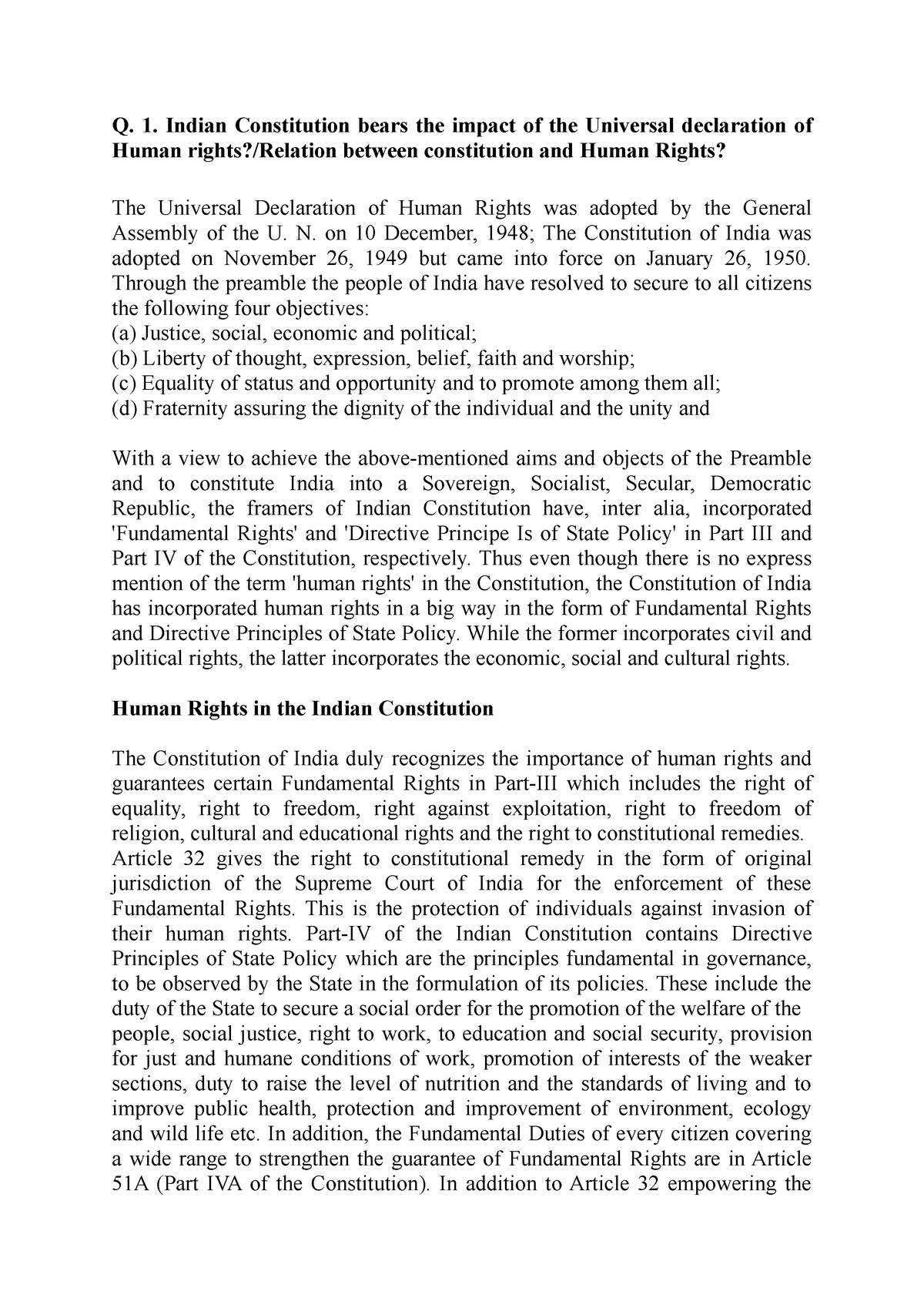 Constitution And Human Rights Q 1 Indian Constitution Bears The 