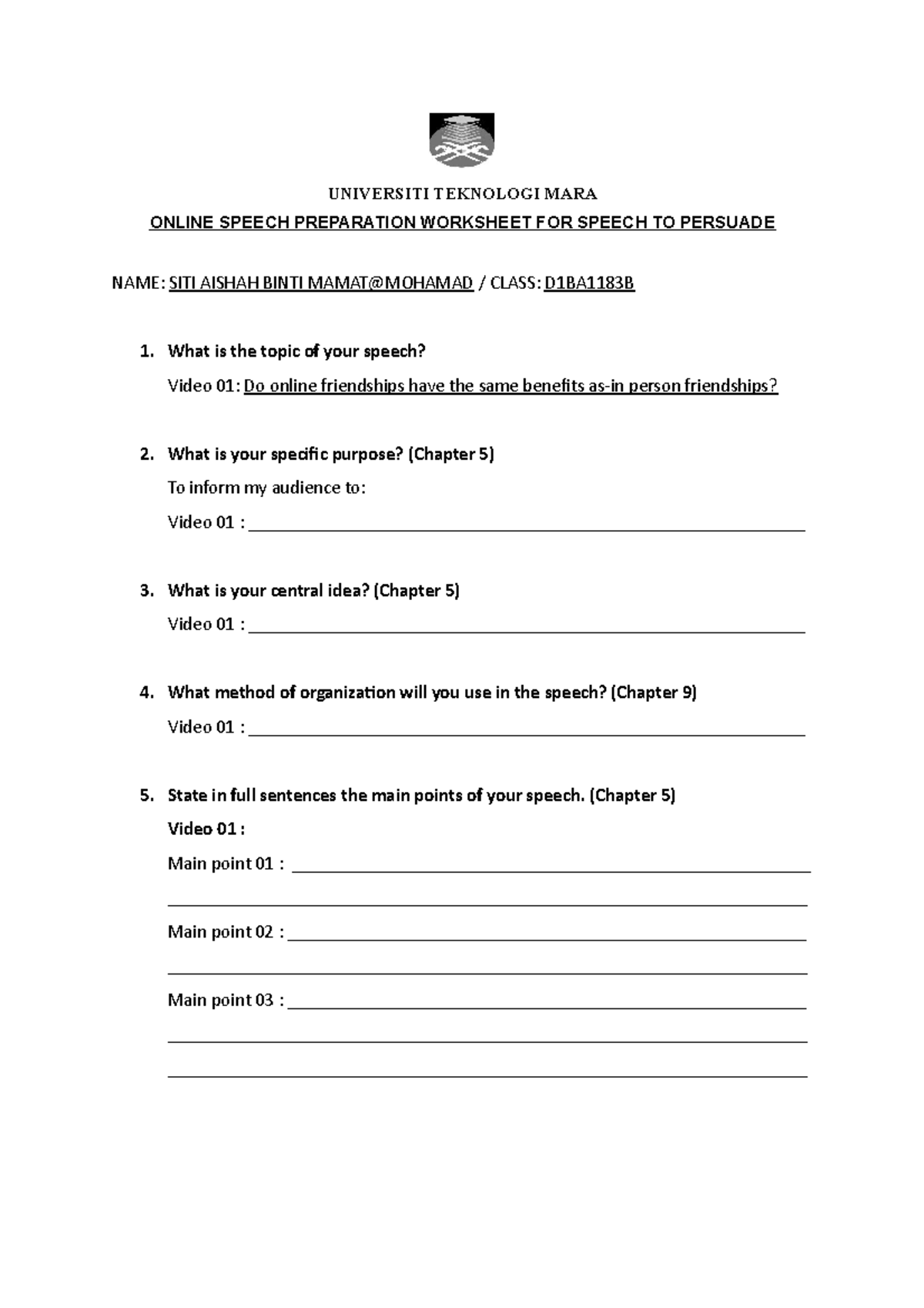 Worksheet - Speech TO Inform (ODL) - UNIVERSITI TEKNOLOGI MARA ONLINE ...