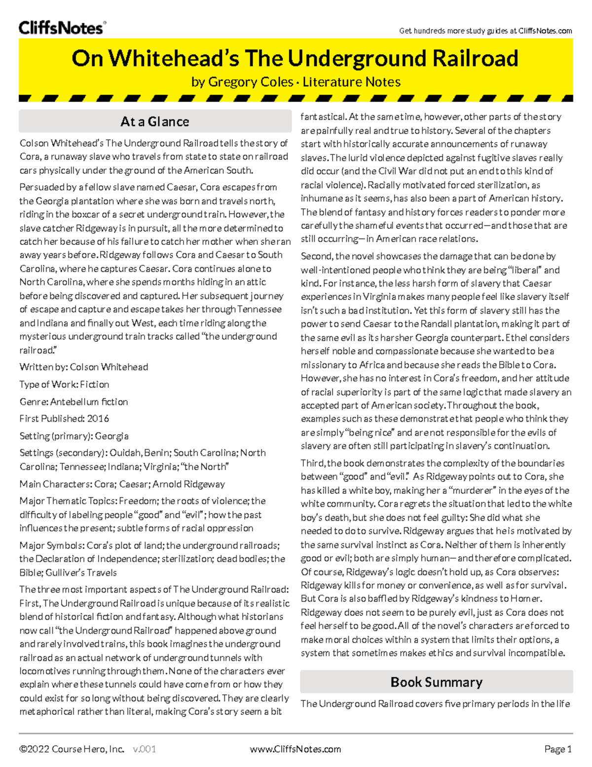 Cliffs Notes on On Whitehead’s The Underground Railroad On Whitehead’s The Underground