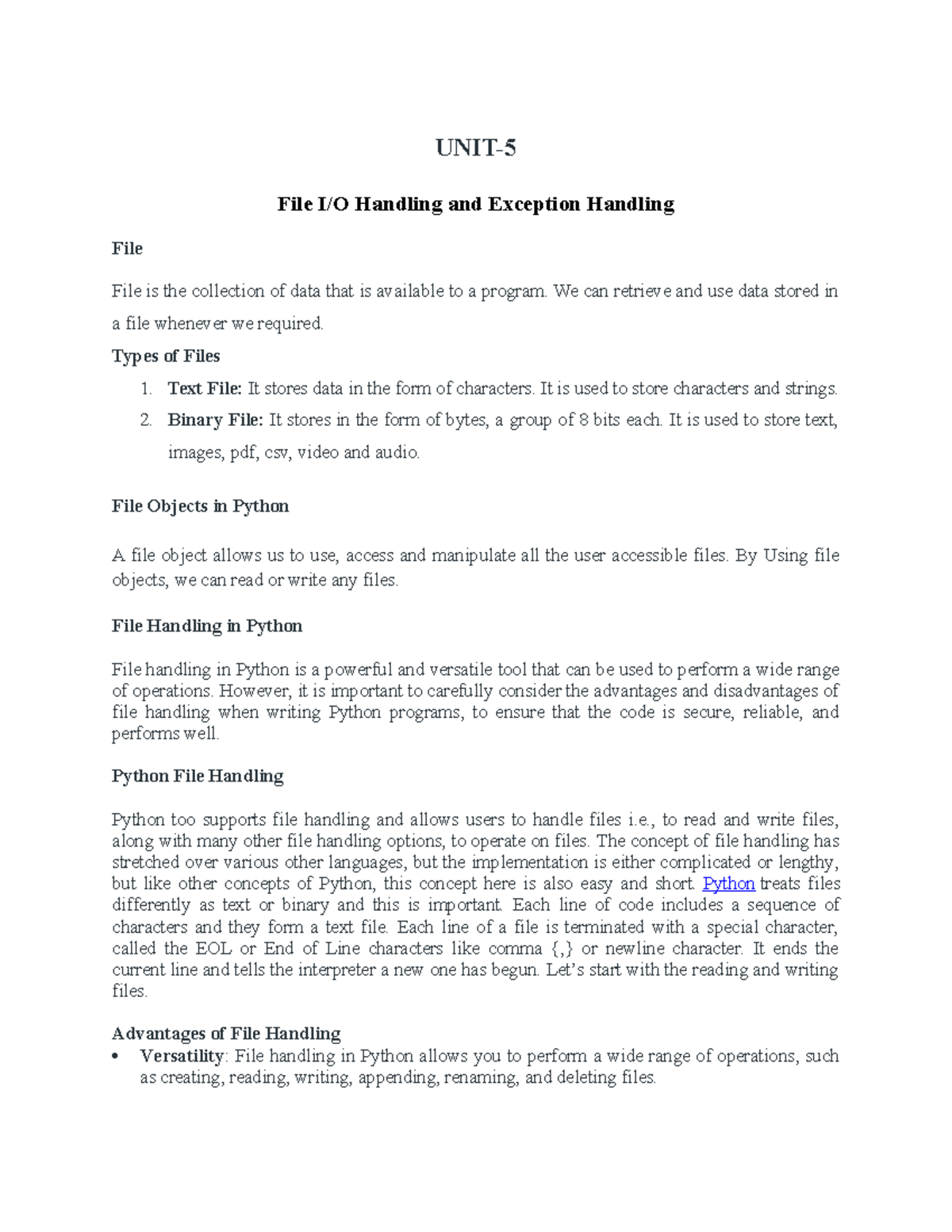 Unit5 File Handling in Python - UNIT- ####### File I/O Handling and ...