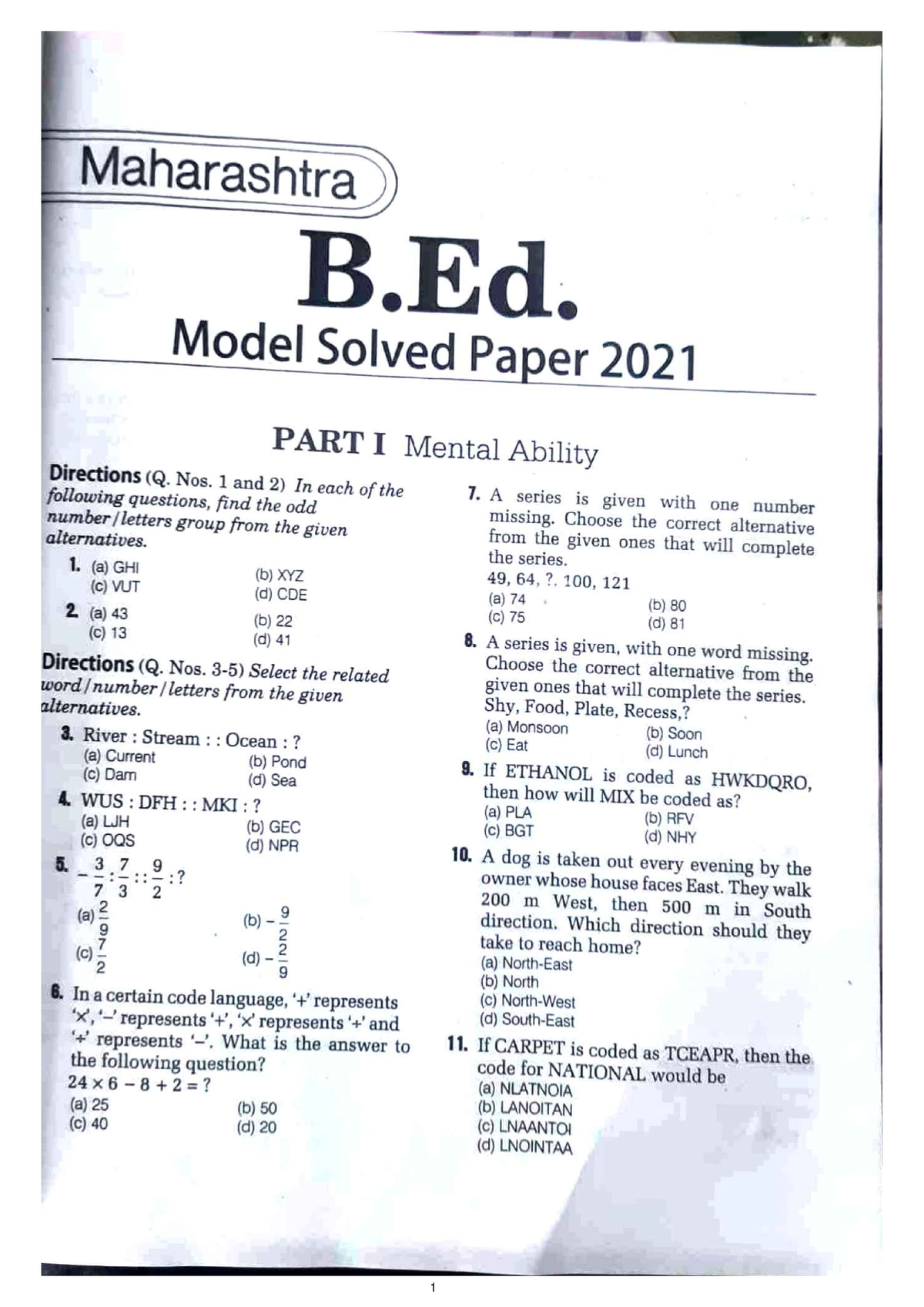 MAH CET BEd Model Question Paper 2021 - Physical Education - Studocu