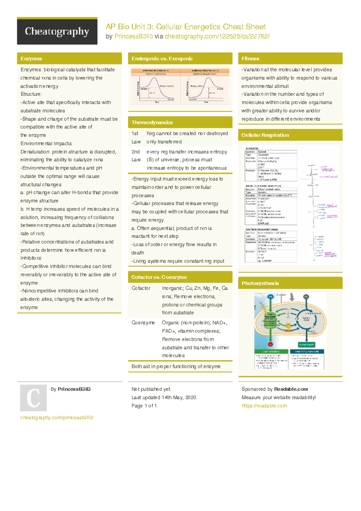 Unit 7:8 Cheat sheet - AP Bio Unit 3: Cellular Energetics Cheat Sheet ...