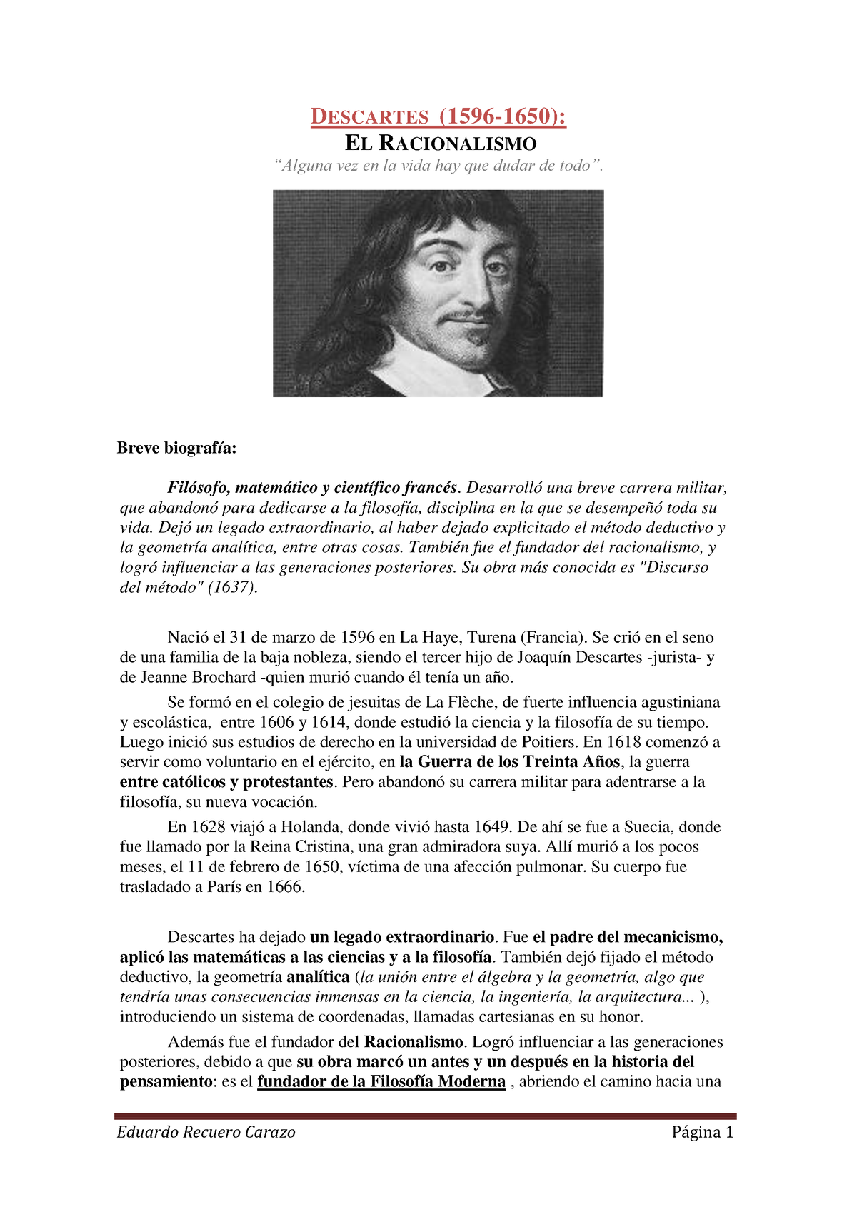 RENE Descartes Y EL Racionalismo - DESCARTES (1596-1650): EL ...