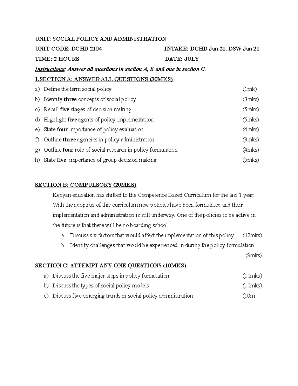 Social policy and administration exam - UNIT: SOCIAL POLICY AND ...