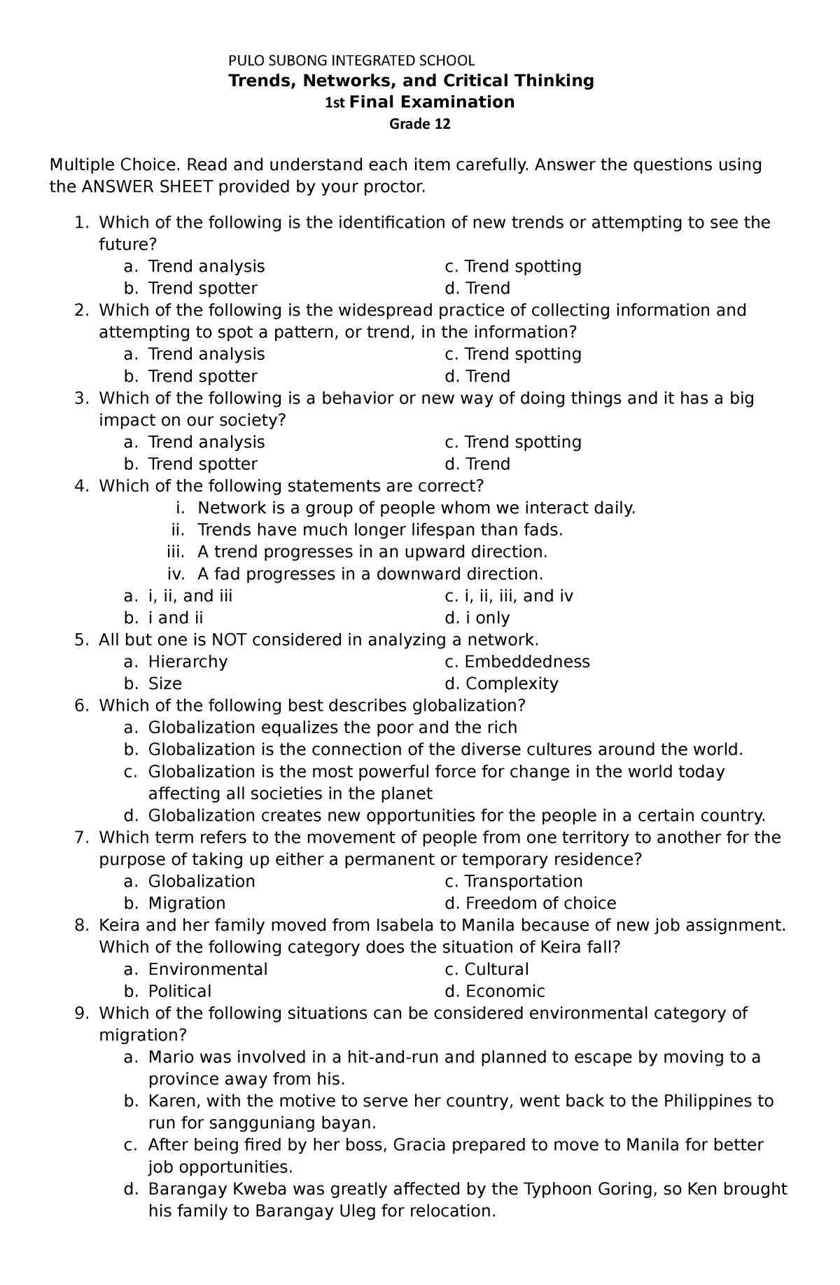 trends networks and critical thinking exam questions