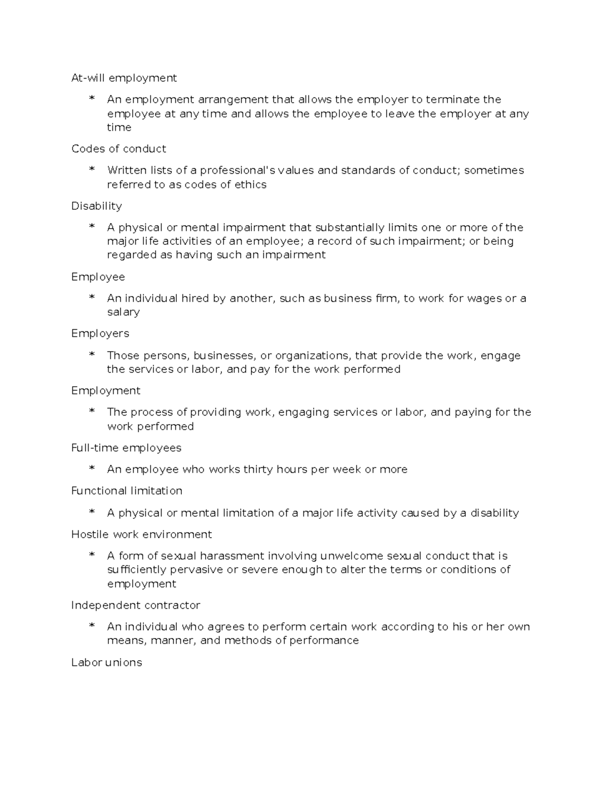 Legal aspets of HIM Chapter 15 notes - At-will employment * An ...