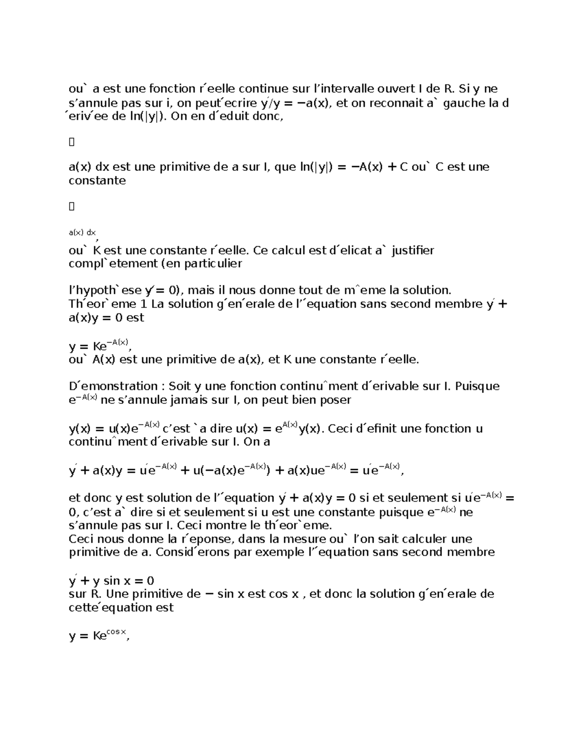 Equa-diff note 5 - Equa-diff note 5 - ou a est une fonction r ́ eelle ...