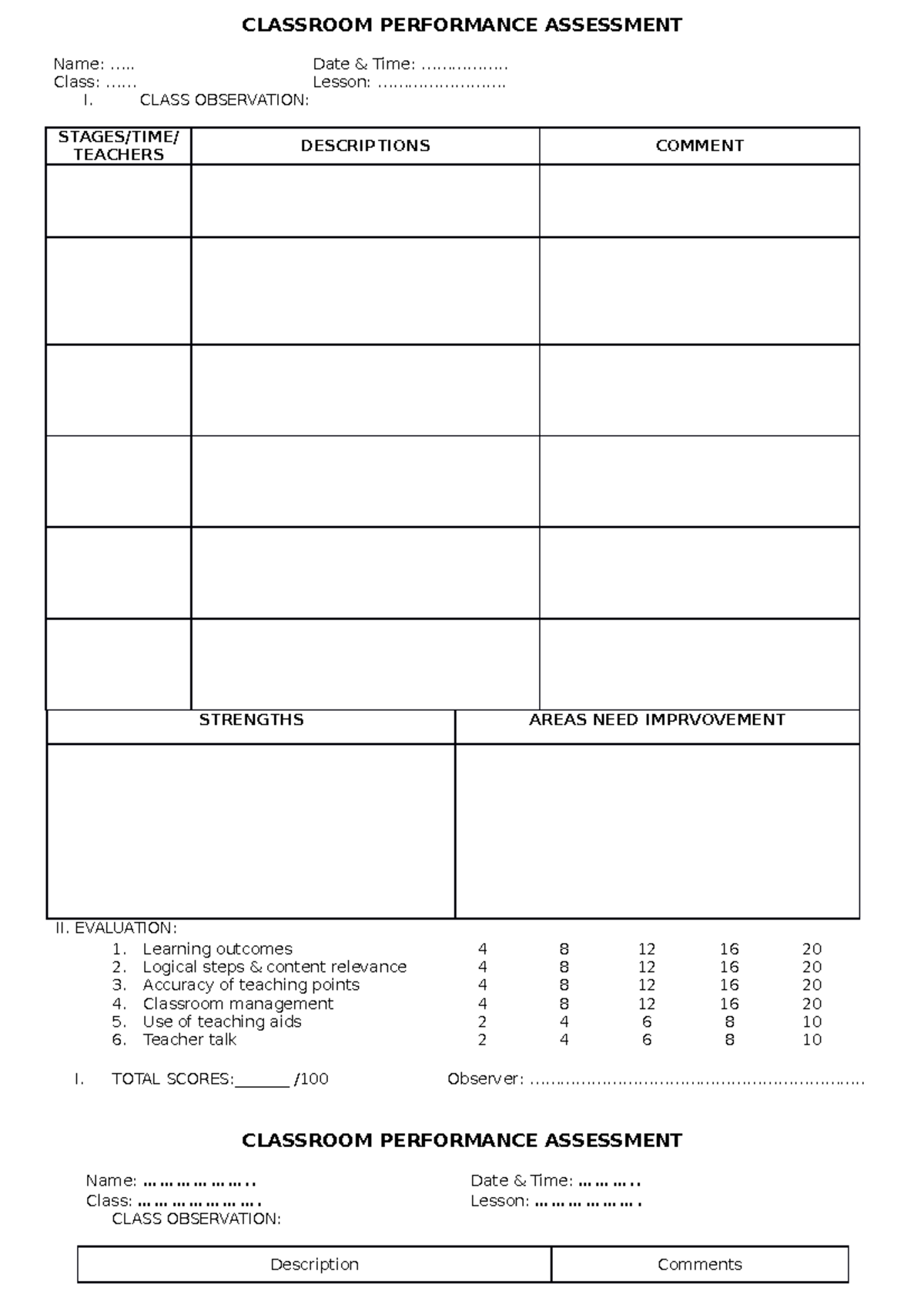 Class- Observation-FORM - CLASSROOM PERFORMANCE ASSESSMENT Name ...