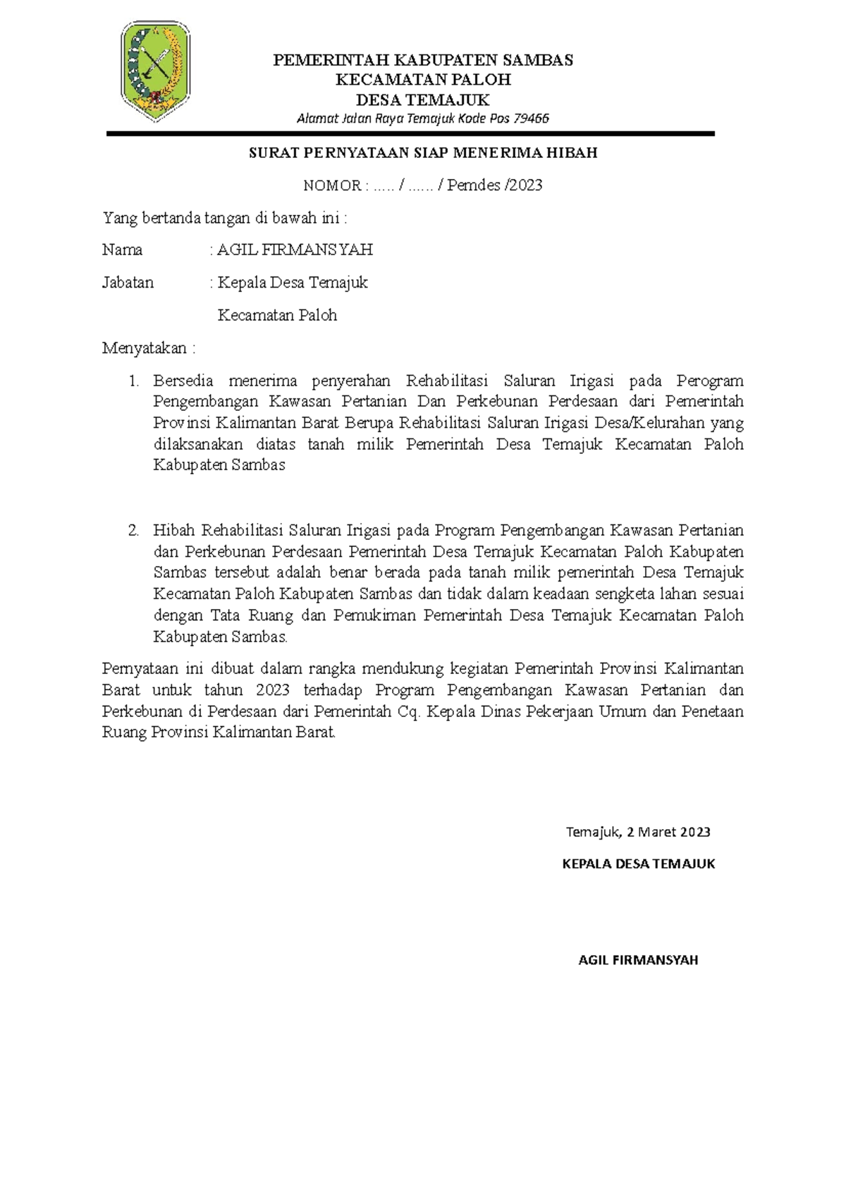 1. surat pernyataan DESA Temajuk KEC - KECAMATAN PALOH DESA TEMAJUK