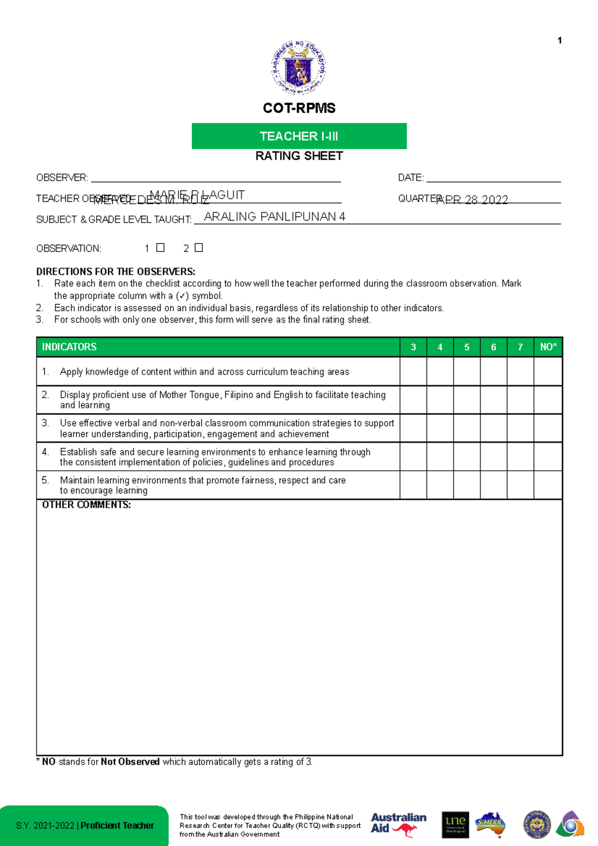 COT-RPMS Rating Sheet for T I-III for SY 2021-2022 in the time of Covid ...