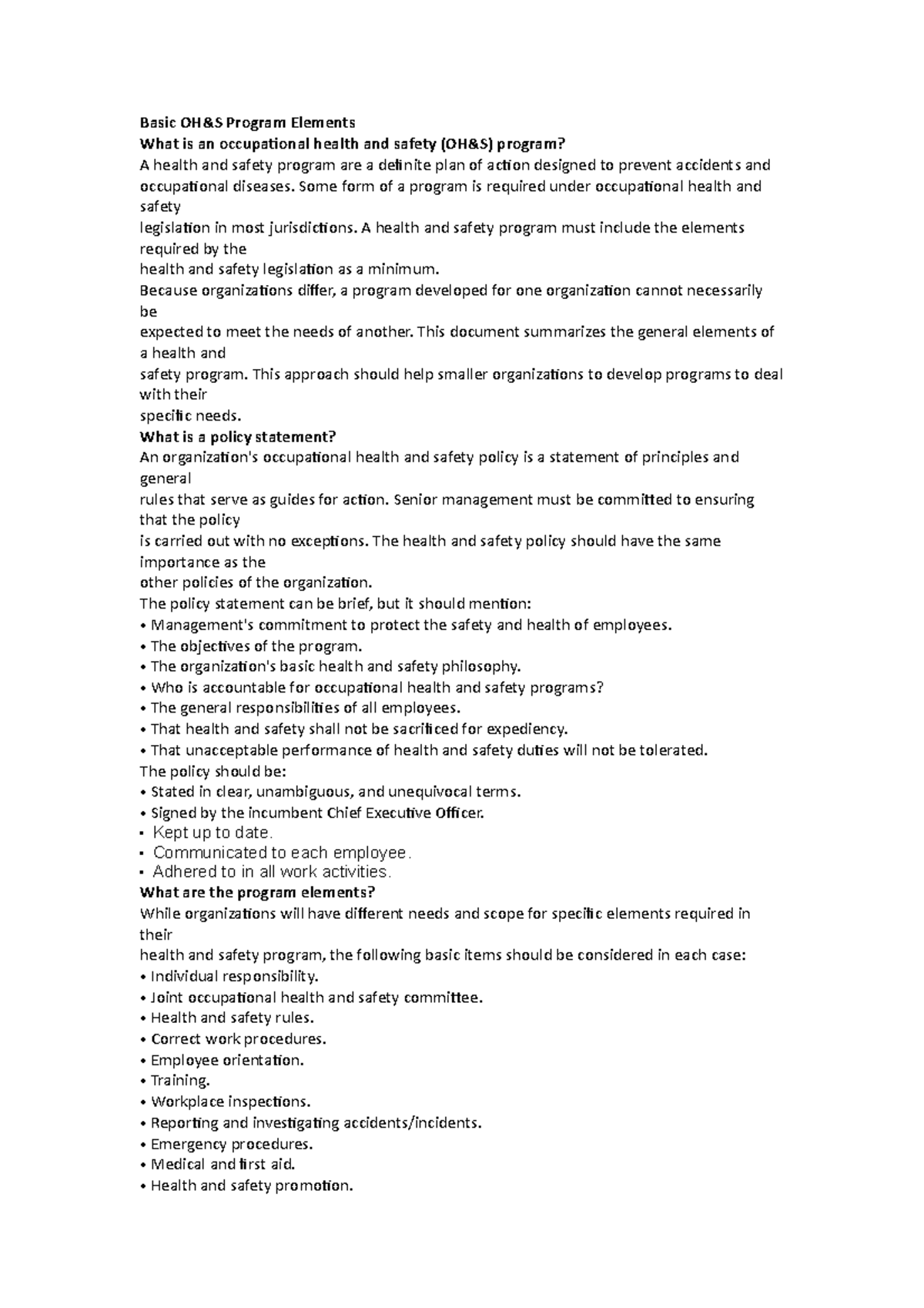 BOSH 5 - lecture notes - Basic OH&S Program Elements What is an ...