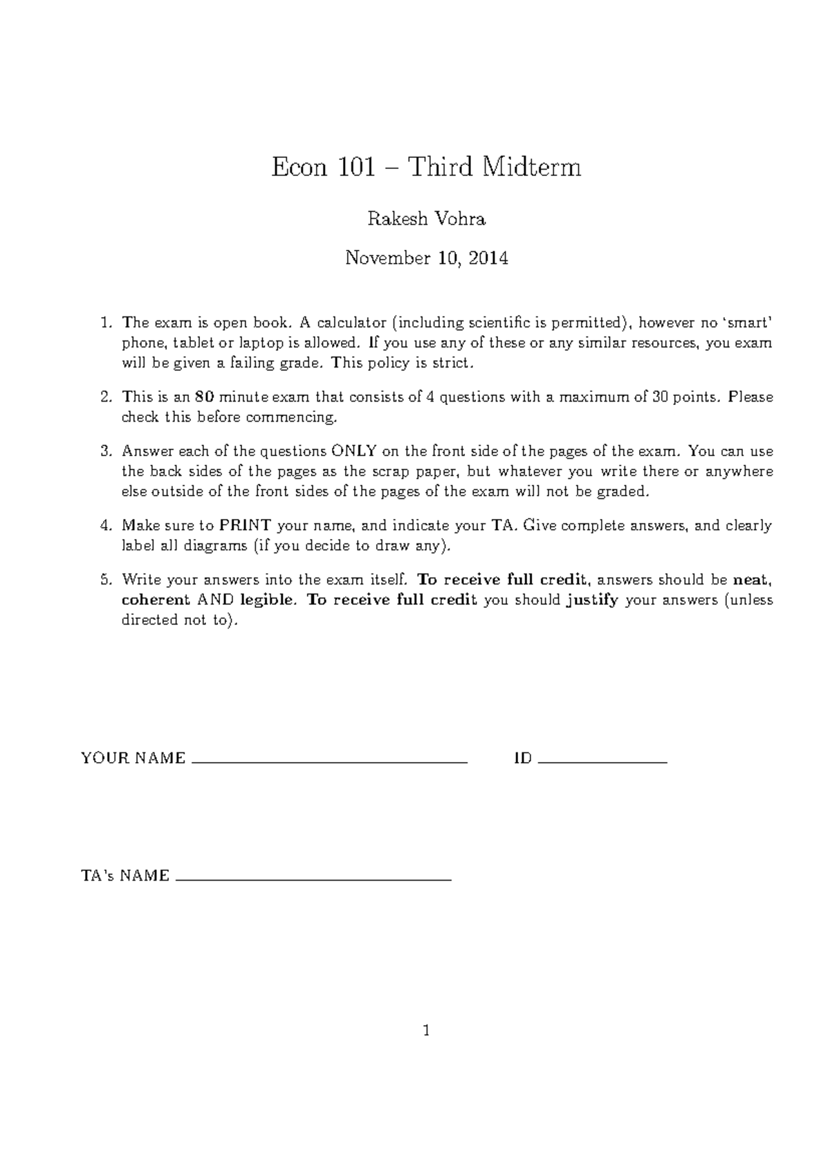 Midterm 3 sol - Practice exam with solutions - Econ 101 – Third Midterm ...