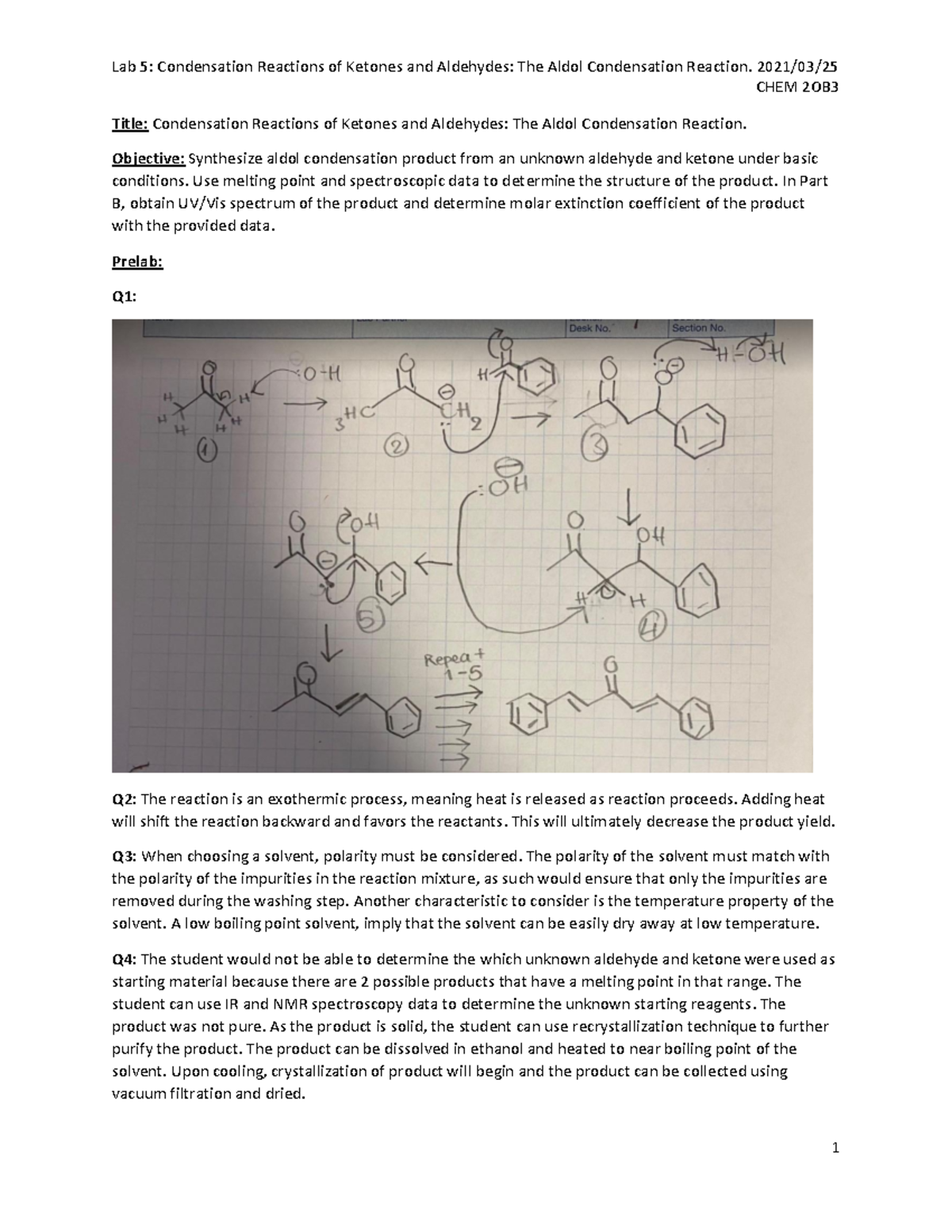 Laboratory 5 Written Report Lab 5 Condensation Reactions of Ketones