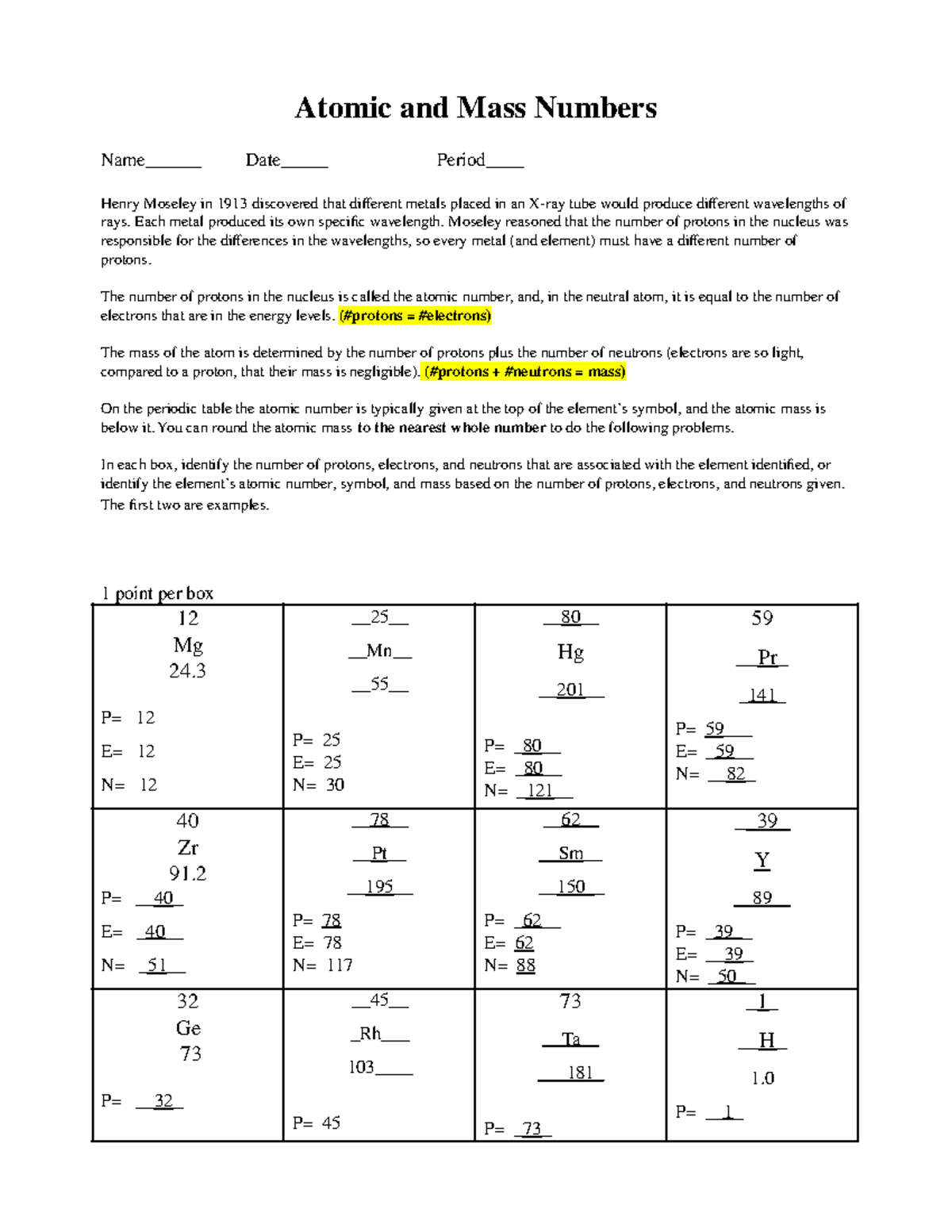 Copia de Atomic and Mass Numbers - Atomic and Mass Numbers Name ...