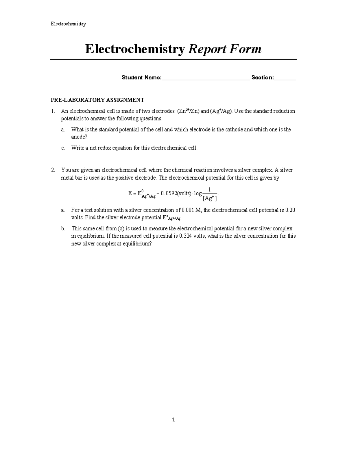 Electrochemistry Virtual Lab Electrochemistry Report Form Student