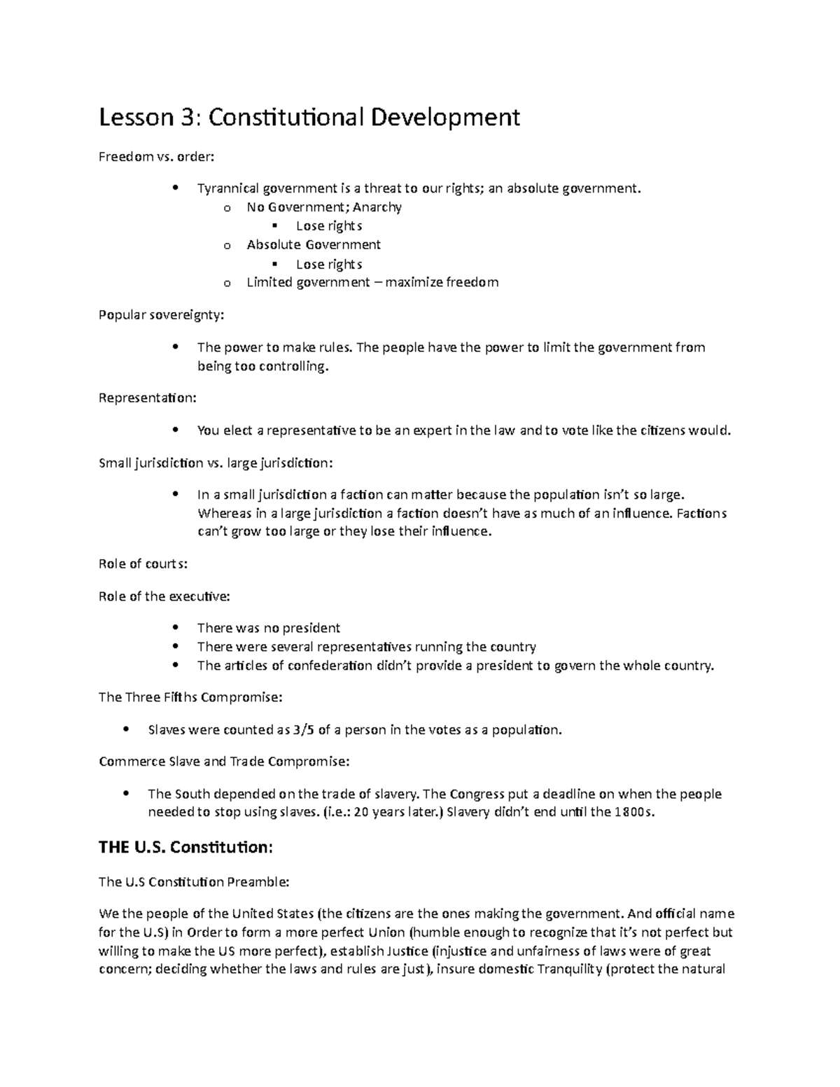 Lesson Three (continued) Lesson 3 Constitutional Development Freedom
