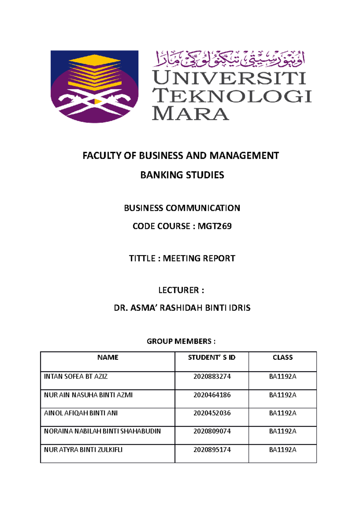 MGT269 Group Assignment 2 BA1192A - FACULTY OF BUSINESS AND MANAGEMENT ...