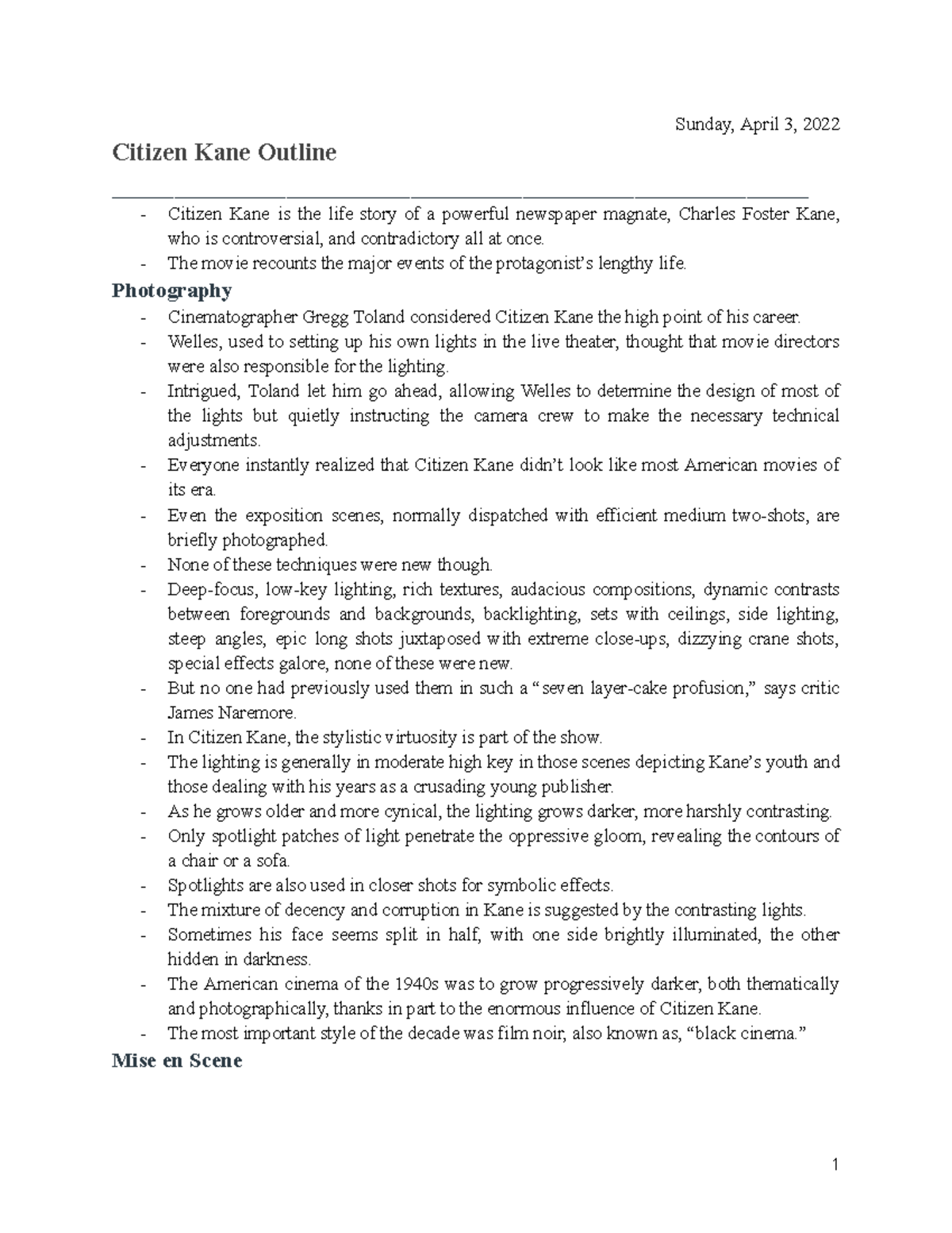 Kane Outline Cinema - Sunday, April 3, 2022 Citizen Kane Outline - Studocu