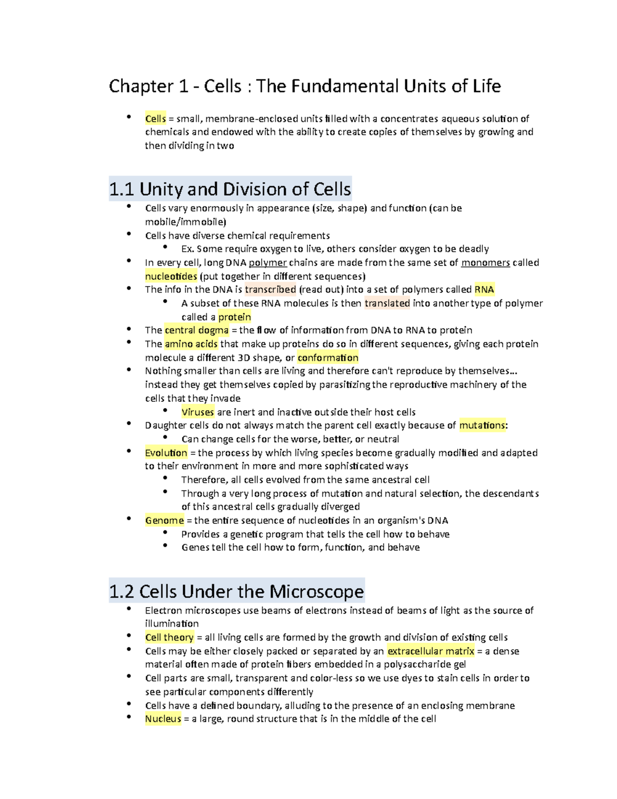 Cell Biology Notes Chapter 1 - Chapter 1 - Cells : The Fundamental ...