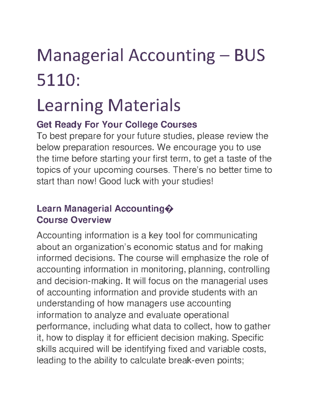 Managerial Accounting - BUS 5110 - Lesson Syllabus - Managerial ...