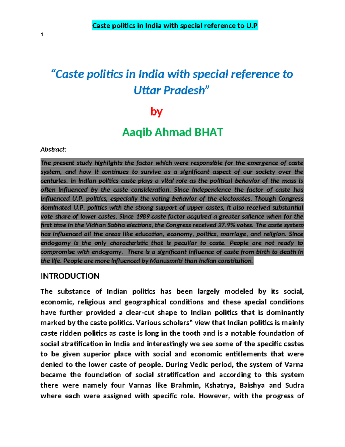 Caste politics in India with special ref - 1 “Caste politics in India ...