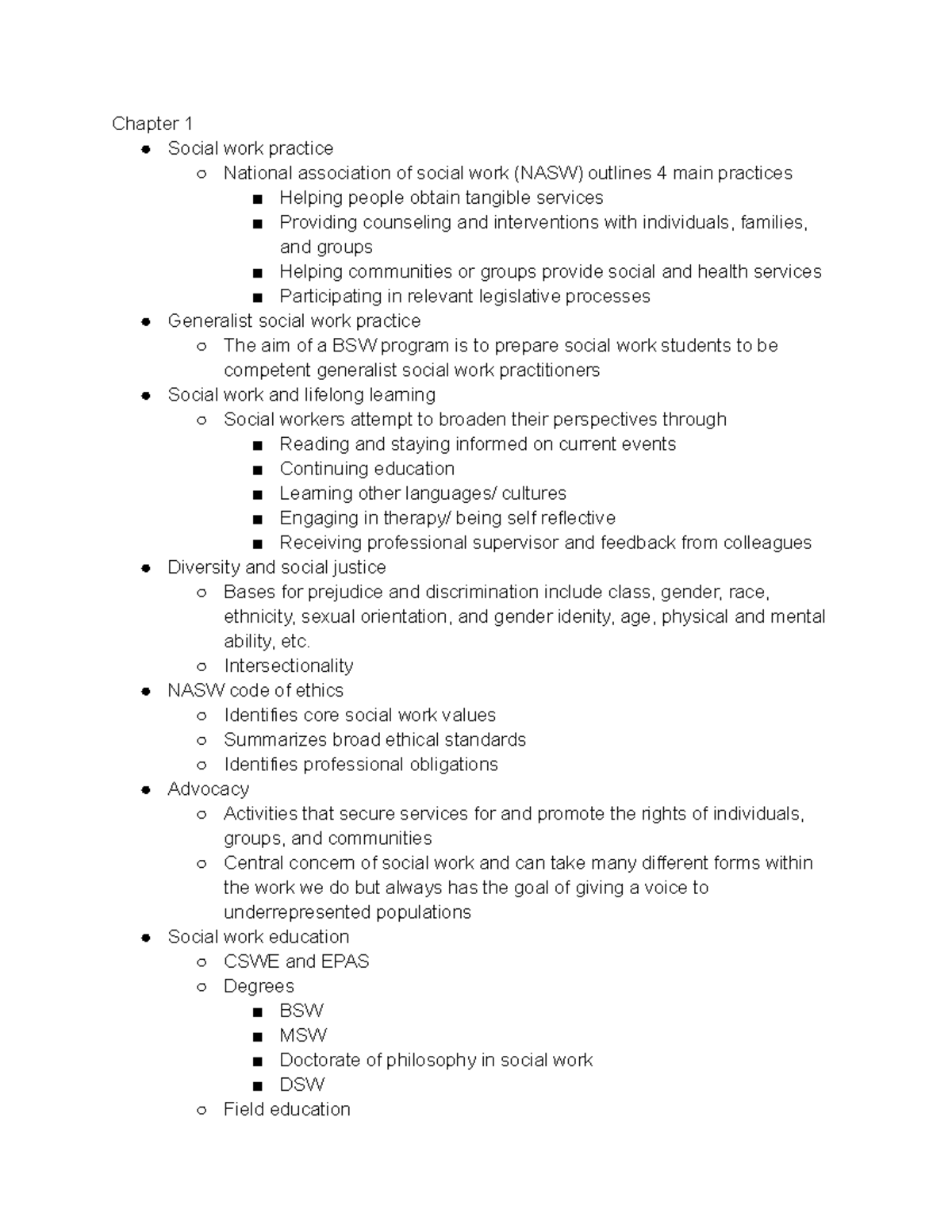 Chapter 1 notes - Chapter 1 Social work practice National association ...