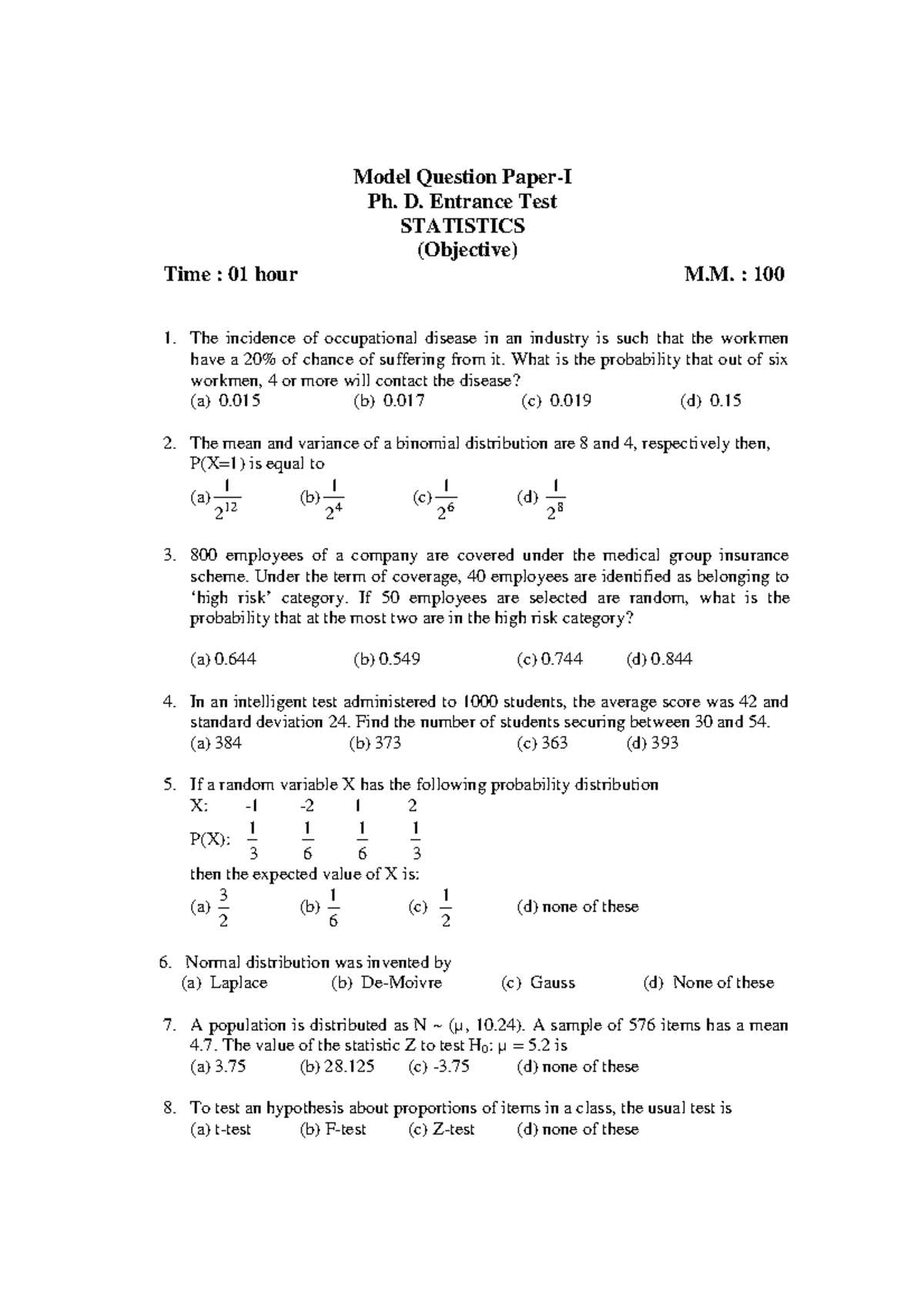 Model Question Paper-I - D. Entrance Test STATISTICS (Objective) Time ...